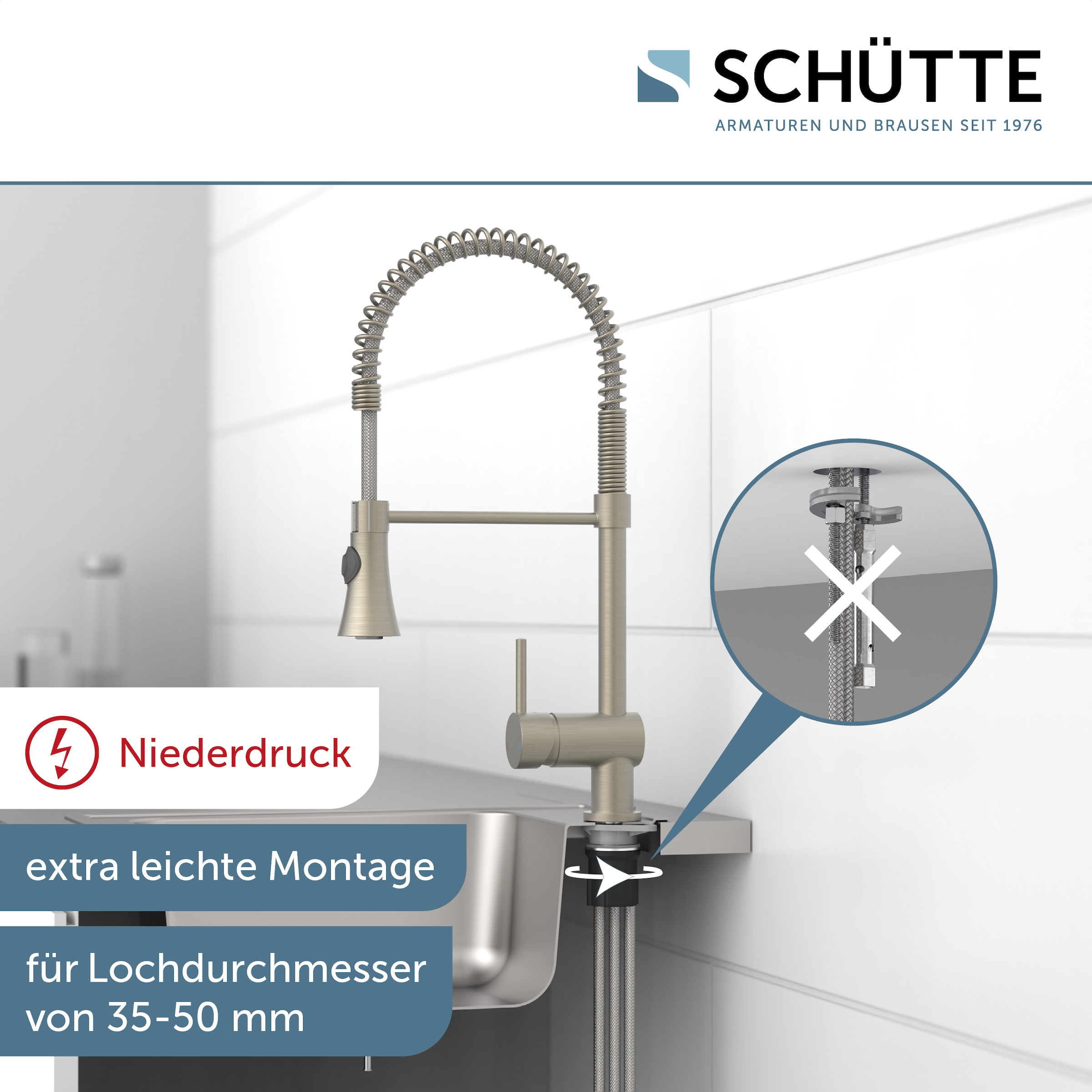 Schütte Spültischarmatur »Cornwall« Niederdruckarmatur, Edelstahl, Cold-Start, 2-Strahlbrause, schwenkbar