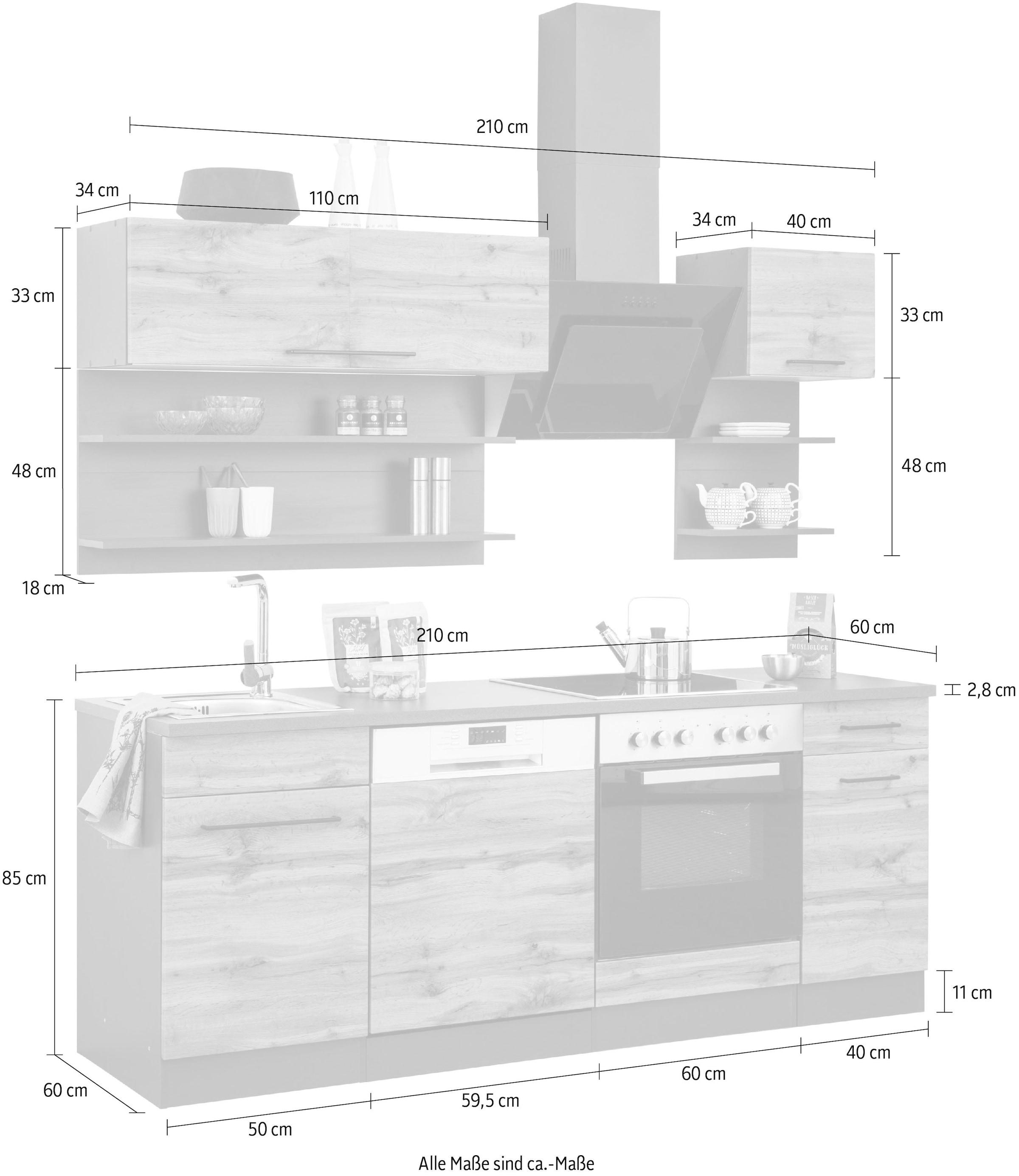 KOCHSTATION Küchenzeile »KS-Tulsa« ohne E-Geräte, Breite 210 cm, schwarze Metallgriffe, MDF Fronten