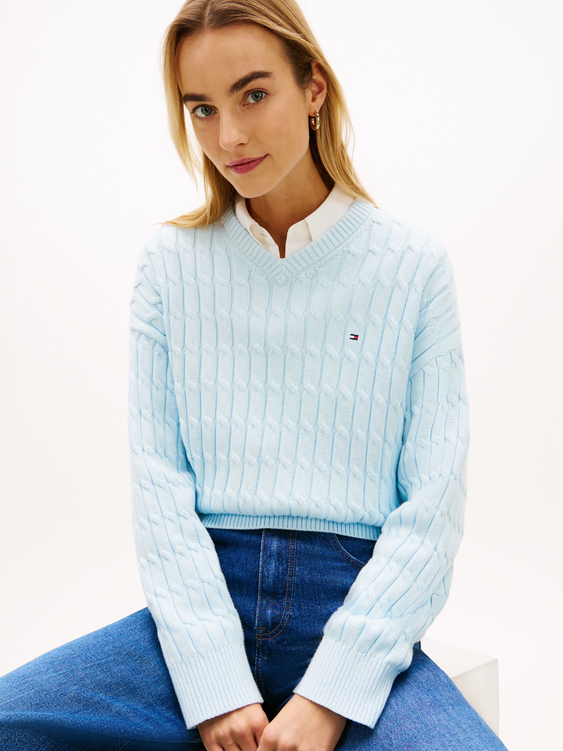 Tommy Hilfiger Pull en tricot »CO CABLE MID GG RLX LS V-NK SWT« avec motif torsadé