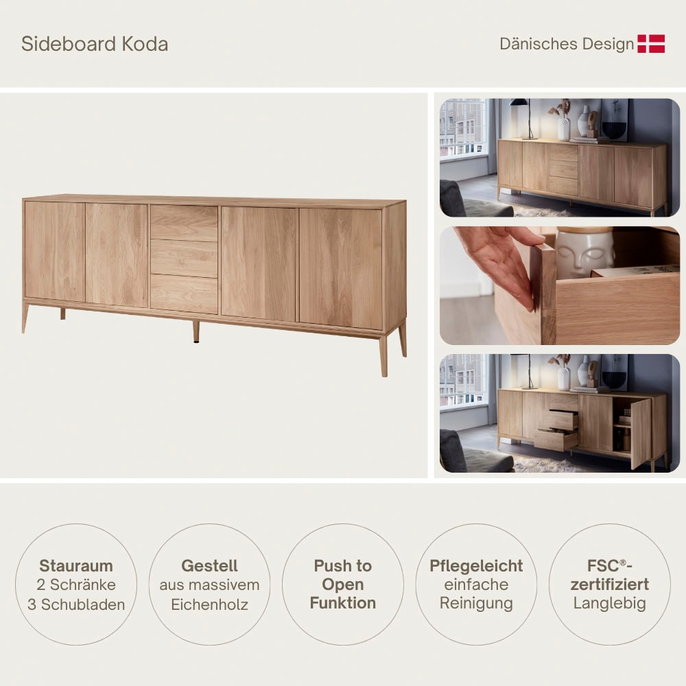 Home affaire Sideboard »Koda, Anrichte mit 2 Schränken & 3 Schubladen, Push-to-Open-Funktion« Massives Eichenholz, verstellbare Einlegeböden, Minimalistischer Stil