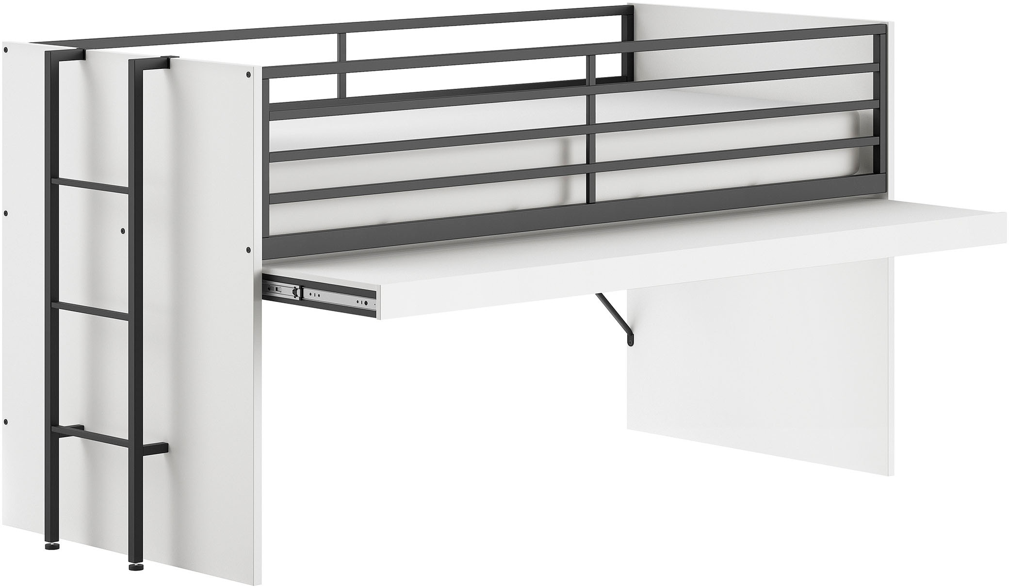 Vipack Hochbett »Sam, schlafen und arbeiten in einem, wahlweise Eiche- oder Weiss-Dekor« Liegefläche 90x200 cm, darunter eine grosse ausziehbare Schreibplatte,  Inkl. Absturzschutz u. Leiter, pflegeleichte Dekor Oberfläche
