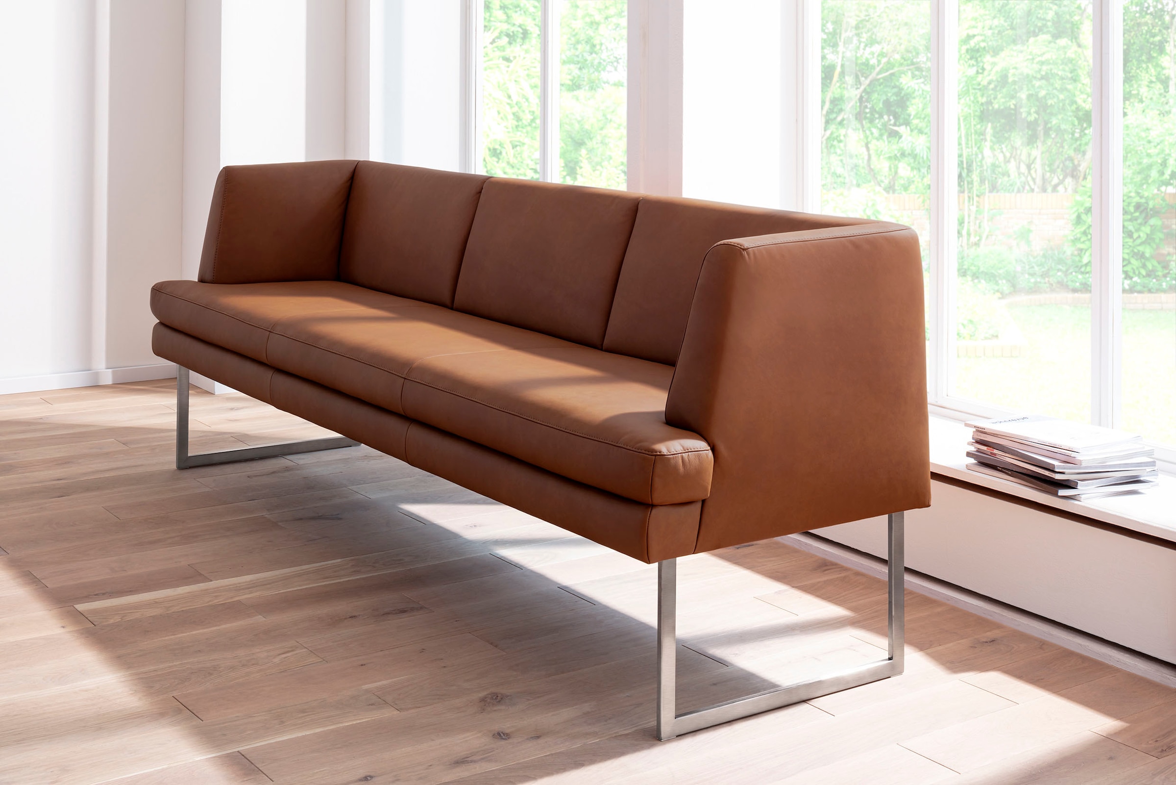K+W Komfort & Wohnen Banc rembourré »Cube« aspect coussin martelé, 2 largeurs, patin vertical aspect inox