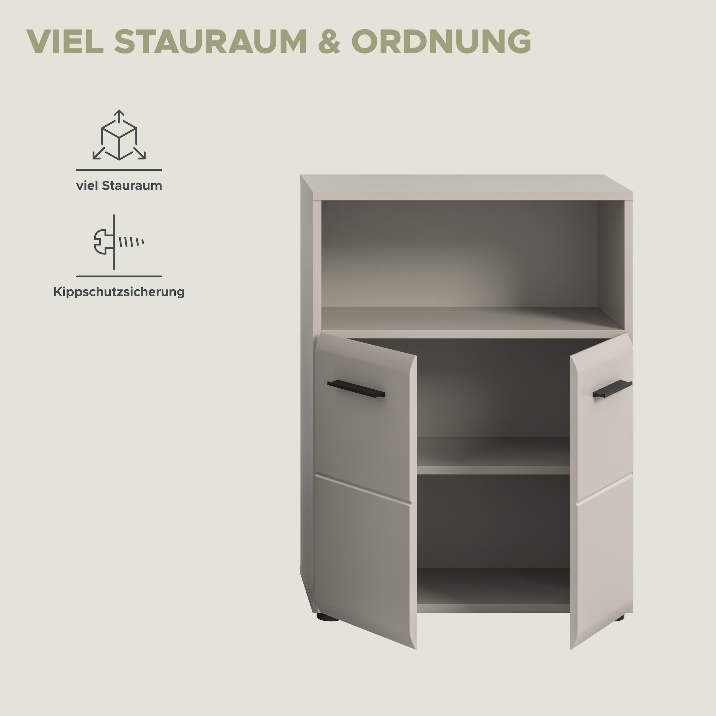 welltime Armoire intermédiaire »FLORENZ,  Breite 60 cm, 2 Türen, 1 Fachboden, 1 offene Fach« TOPSELLER!, 1 cuis tlg. hochwertige MDF Front, Griff schwarz, Badschrank, Bad