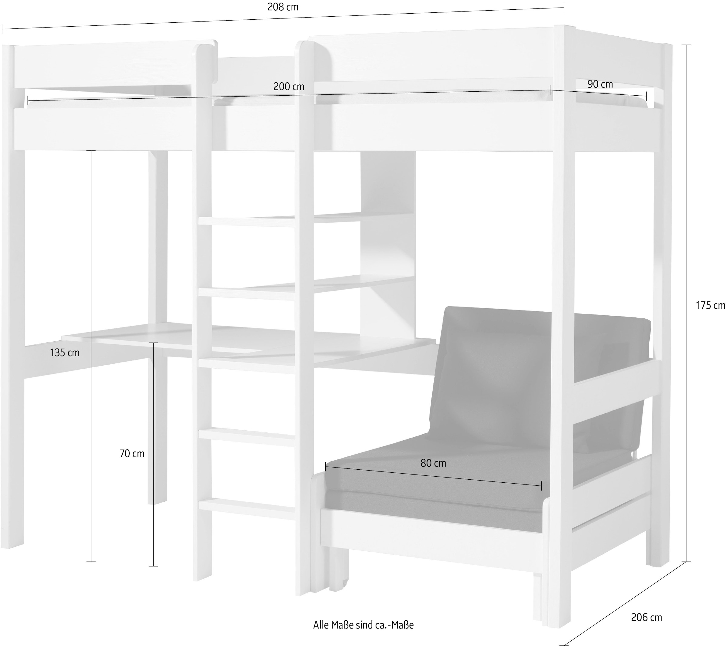 Vipack Hochbett »Pino, Kiefer massiv, viel Funktion auf kleinem Raum, Made in Europe« B/H/T ca. 208x175x105/206cm, inkl. Schlafsessel, Schreibtisch, Regal,  inkl. Rolllattenrost, Absturzschutz oben, 2 Farben zur Auswahl