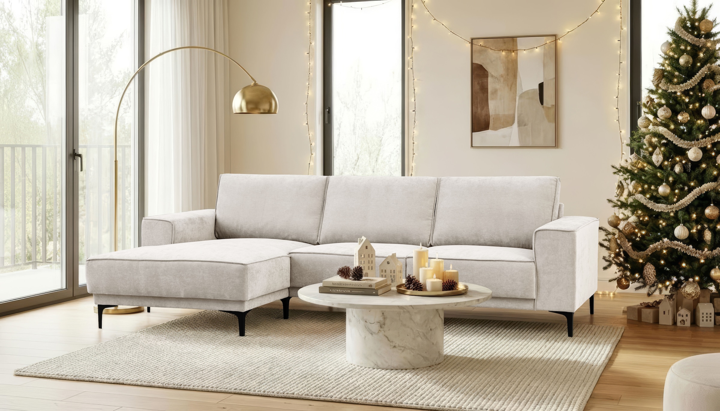 GOODproduct Ecksofa »Polsterecke Oland, Struktur, Flachgewebe, Luxus-Microfaser, Boucle« L-Form, 280 cm, Wellenunterfederung, Skandi-Design, Metallfüsse