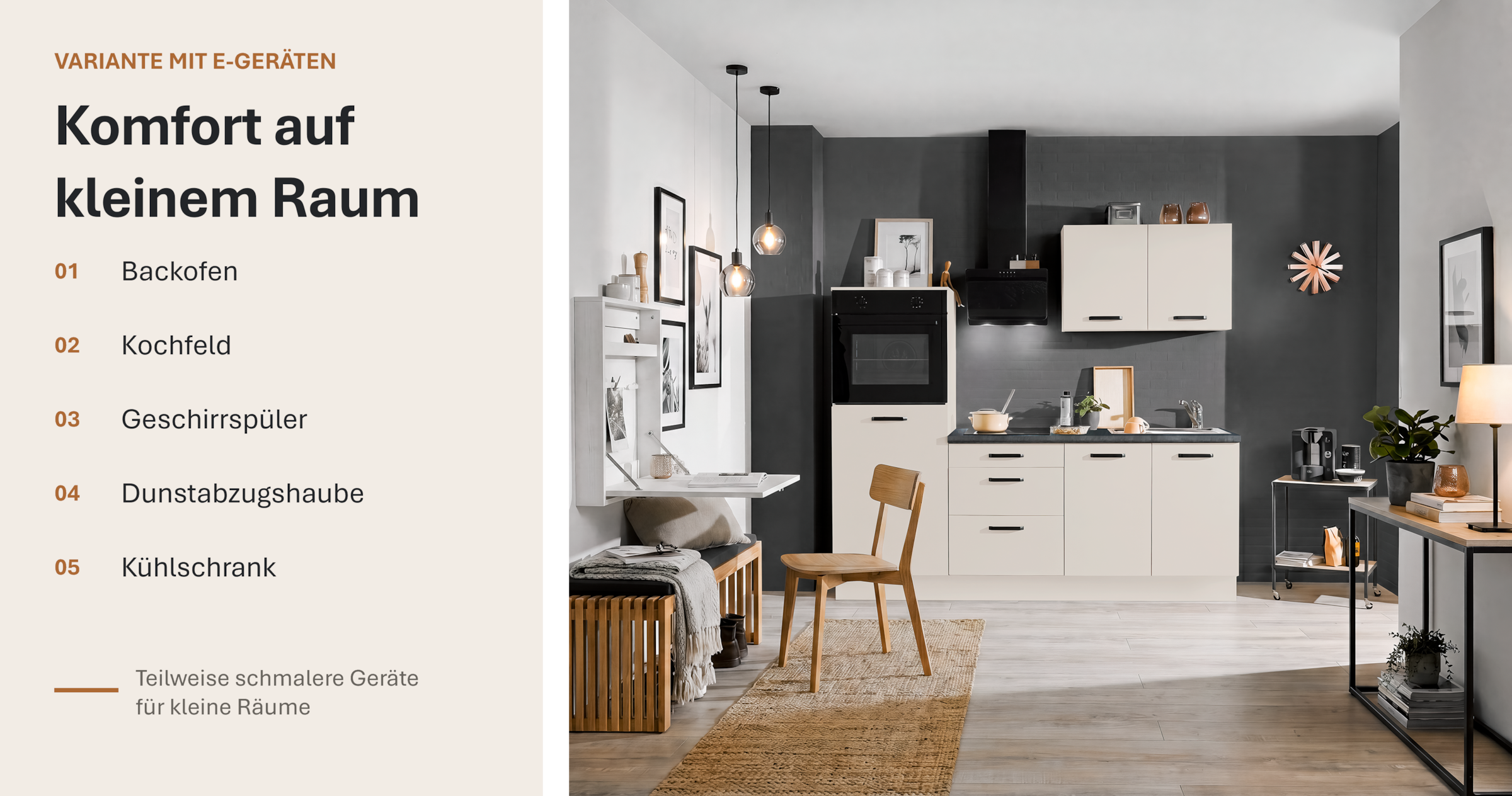 wiho Küchen Küchenzeile »Compact: Kleines Format, grosse Ausstattung, optional mit E-Geräten« Variante mit Kühlschrank, Breite 210 cm
