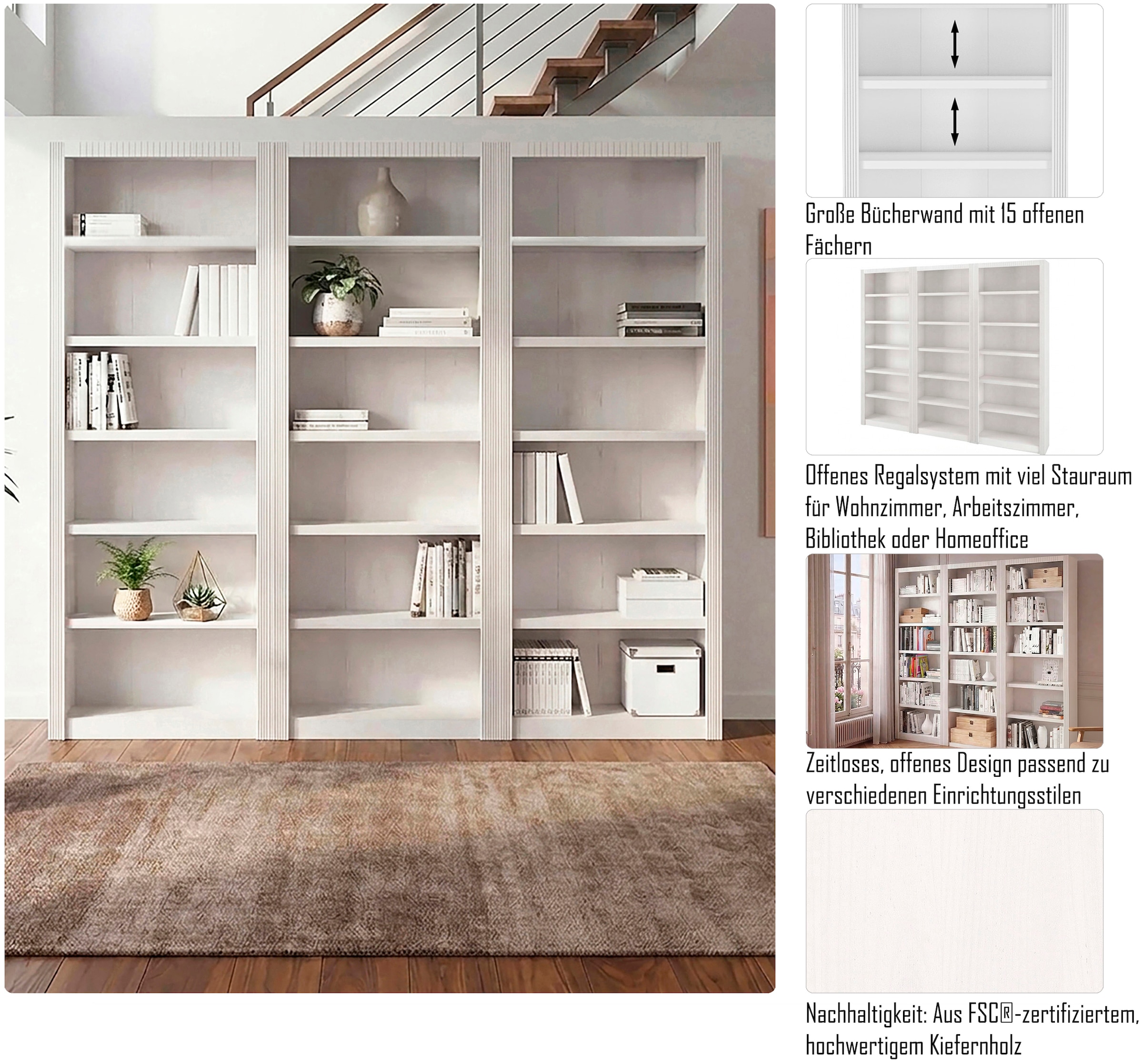 GOODproduct Bücherwand »Bergen« aus schönem massivem Kiefernholz, 3 tlg.