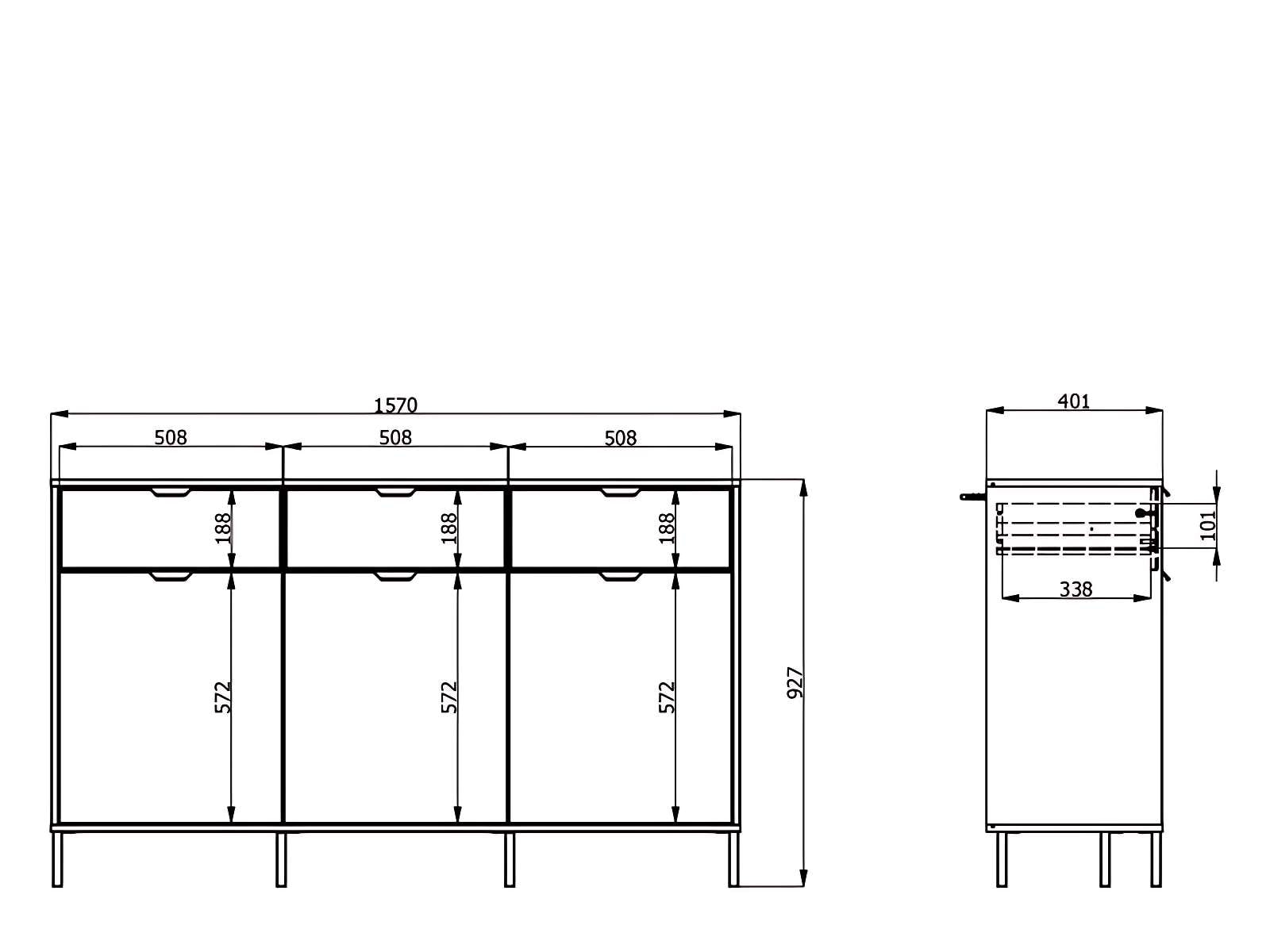 Home affaire Commode »Mayenne Sideboard, Schubladenschrank, Kommode, Anrichte, Breite 157cm« Wohnzimmermöbel, Schlafzimmermöbel, mit Drehtüren und drei Schubladen