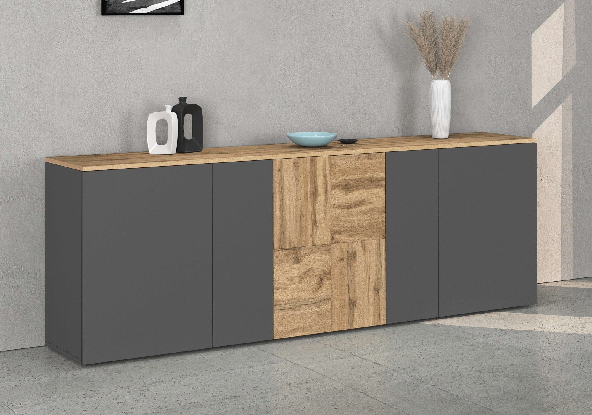 GOODproduct Sideboard »ISEO, Kommode, Schrank, Sideboard, Lowboard, 6 Fächer, Breite 200 cm« 1 cuis tlg. stehend/hängend, 5 Türen, 6 Fächer, Breite 200 cm