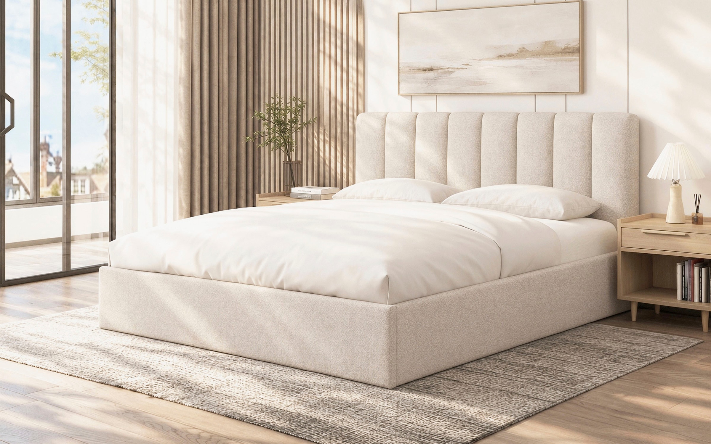 GOODproduct Lit rembourré »FEELLA, Bett wahlweise mit Lattenrost, Strukturstoff-Bezug« tête de lit et cadre rembourrés, surface couchage 140x200/180x200 cm