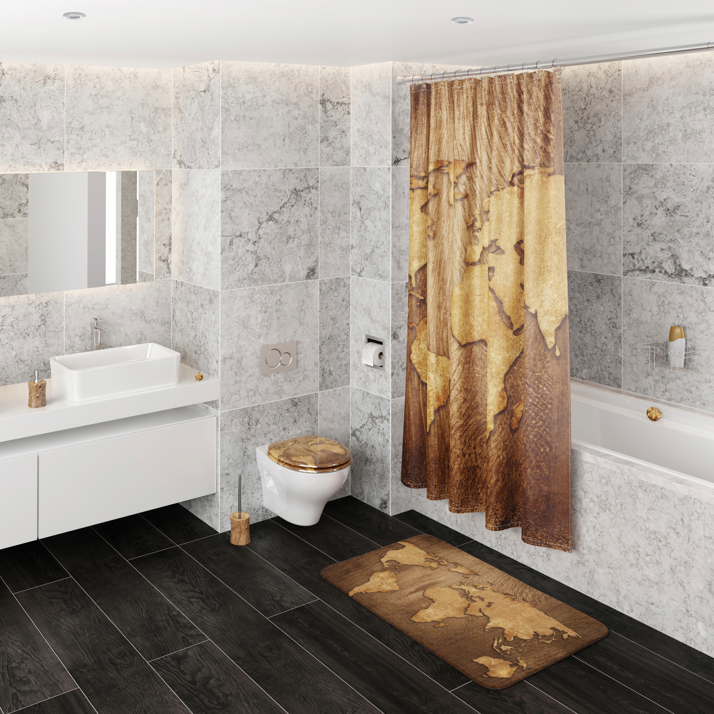 Sanilo Badaccessoire-Set »World Map« bestehend aus WC-Sitz, Badteppich und Waschbeckenstöpsel