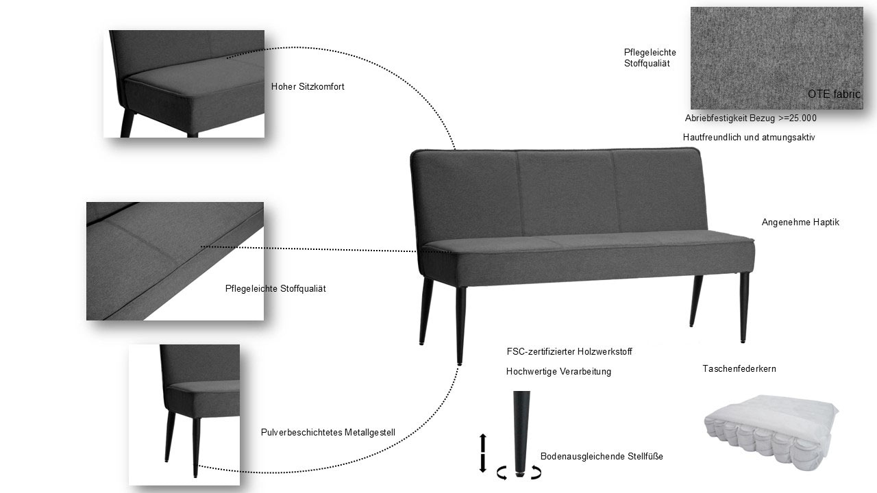 GOODproduct Banc rembourré »Lenzrose,« Esszimmerbank, Bank,,  mit Taschenfederkern, schwarzes Metallgestell, Breite 142 cm