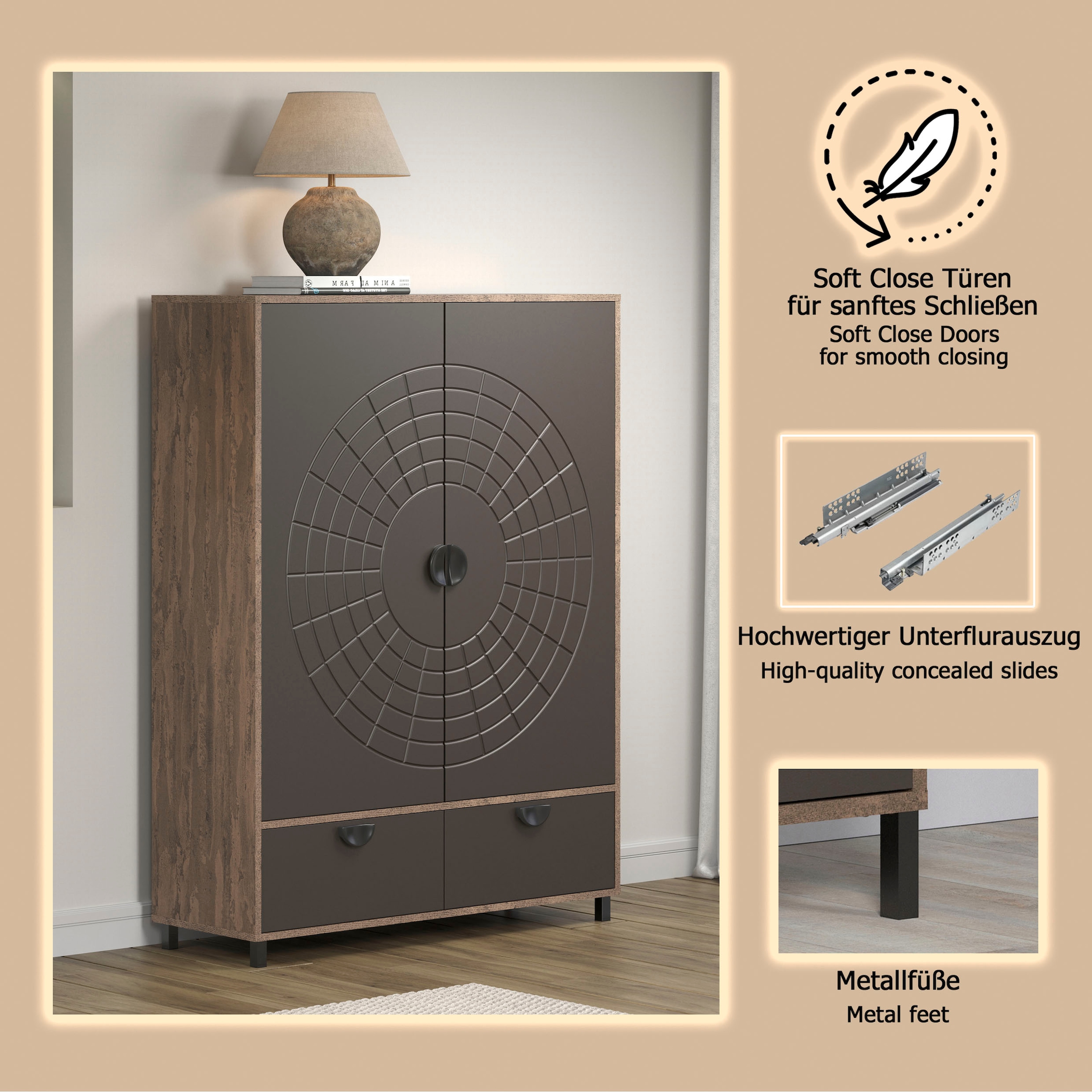 INOSIGN Highboard »Fusion« 1 Stk. tlg. Stauraumschrank mit besonderem Kreismuster - (B/T/H) 120/42/163 cm