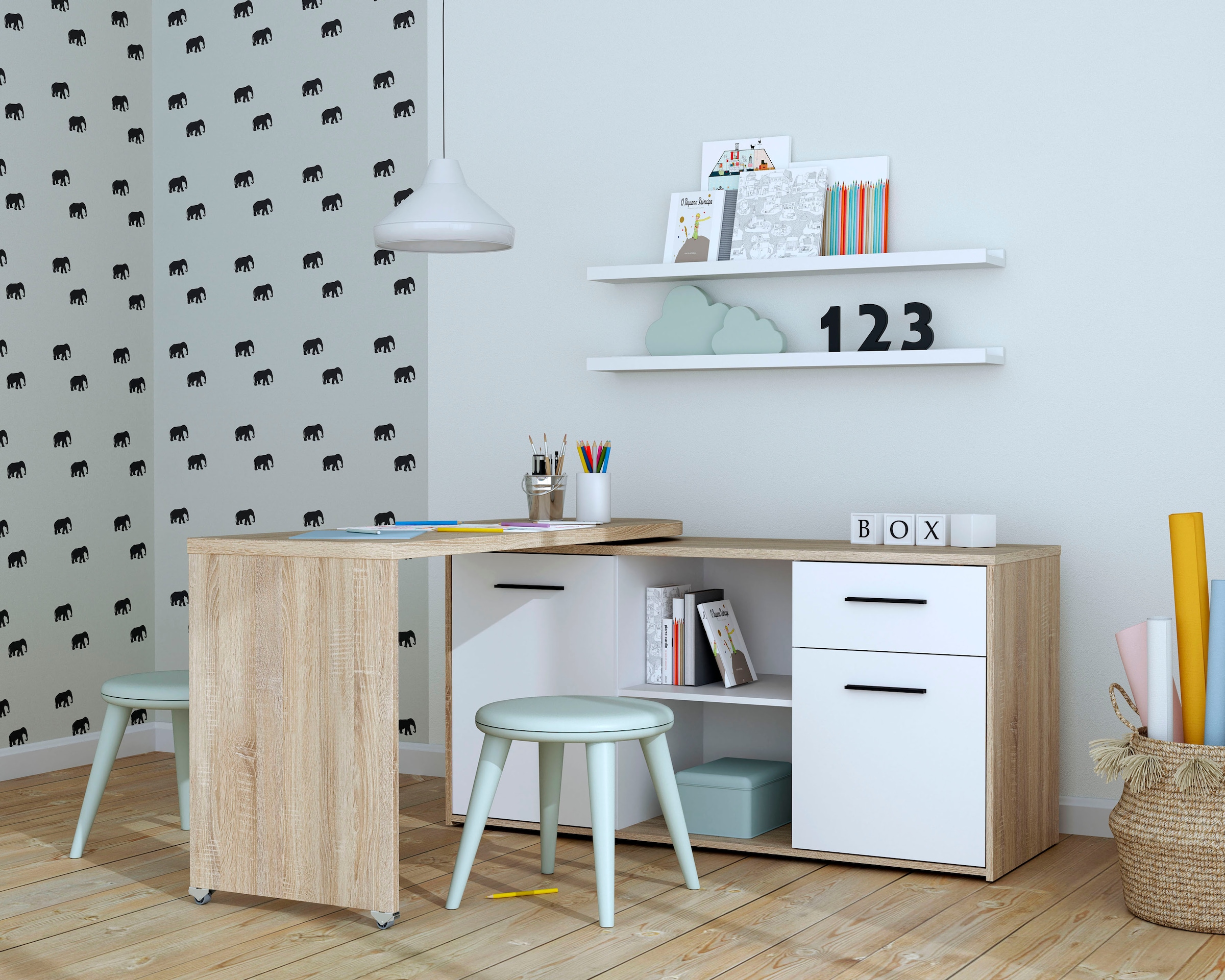 FORTE Schreibtisch »Aliklia« multifunktional, Tischplatte ausschwenkbar, mit Rollen, Sideboard