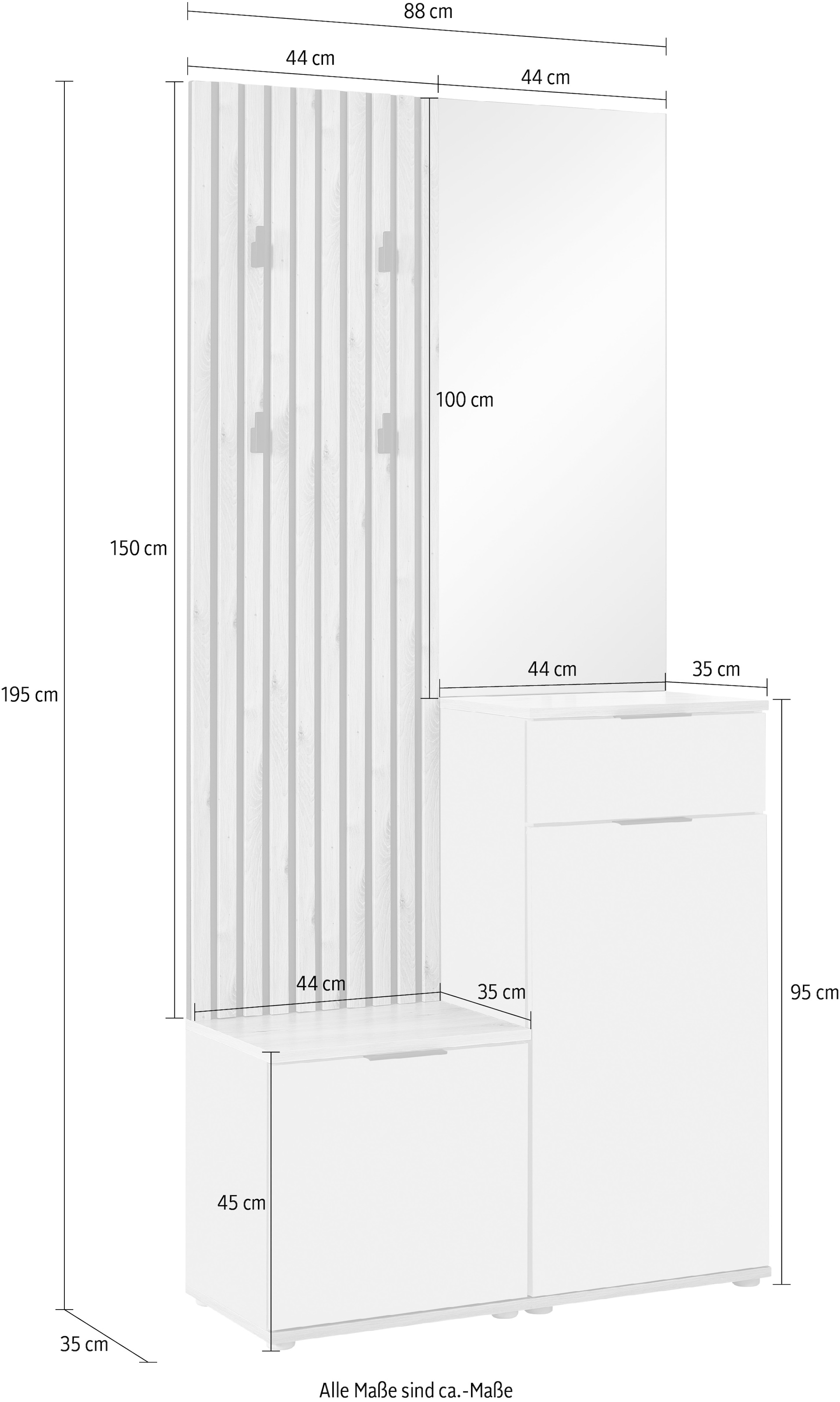HBZ Vestiaire compact »Simple mit Spiegel, Flurgarderobe BxHxT 88x195x35 cm« 4 cuis tlg. avec banc, panneau, meuble à chaussures avec tiroir et miroir