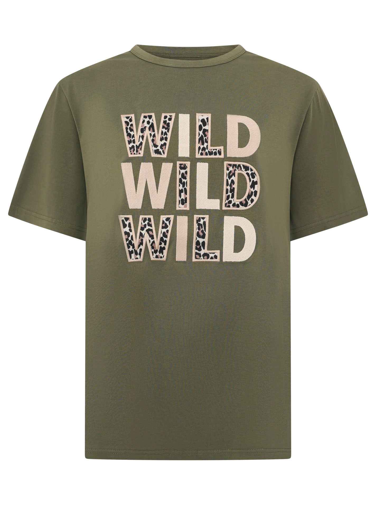 Zwillingsherz T-Shirt »"Wild Wild Wild"« grosser, gestickter Schriftzug mit Leomuster, Rundhals