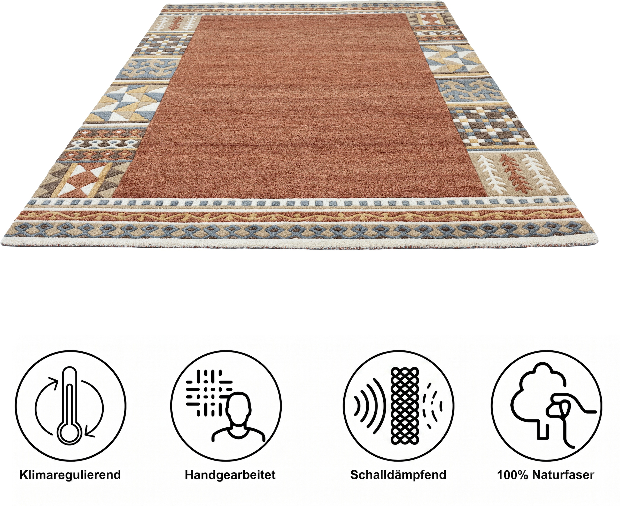 THEKO Tapis en laine »Nuno, reine Wolle,  Handgefertigt, mit Bordüre« Rectangulaire 14 mm Höhe fait main en tuft, salon, chambre, salle à manger, aussi comme coureur