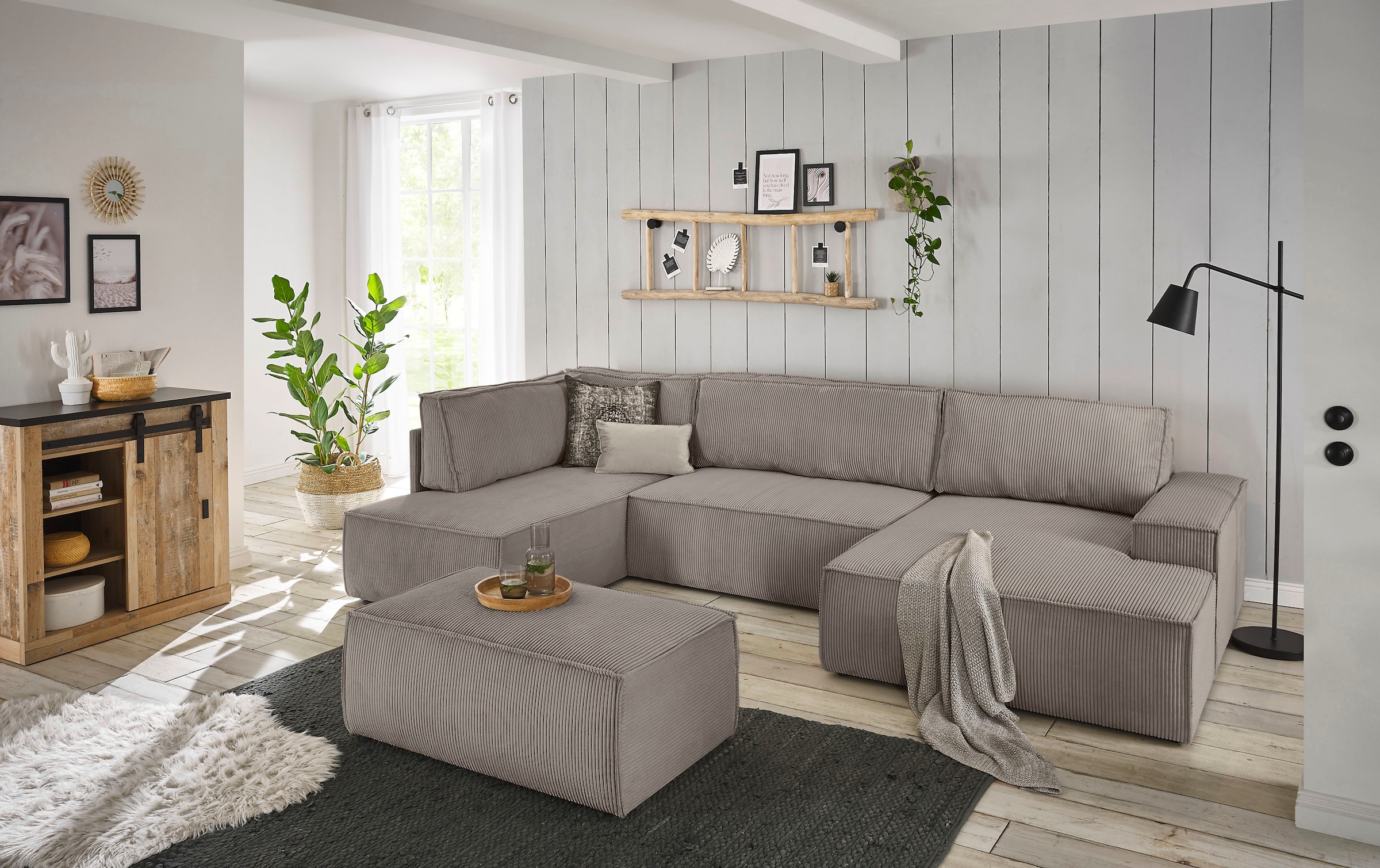 Home affaire Wohnlandschaft »SHERWOOD  329 cm, U-Form, Schlafsofa,« Schlaffunktion m. Bettkasten (194x139 cm), Cord, Vintage, Samtvelours