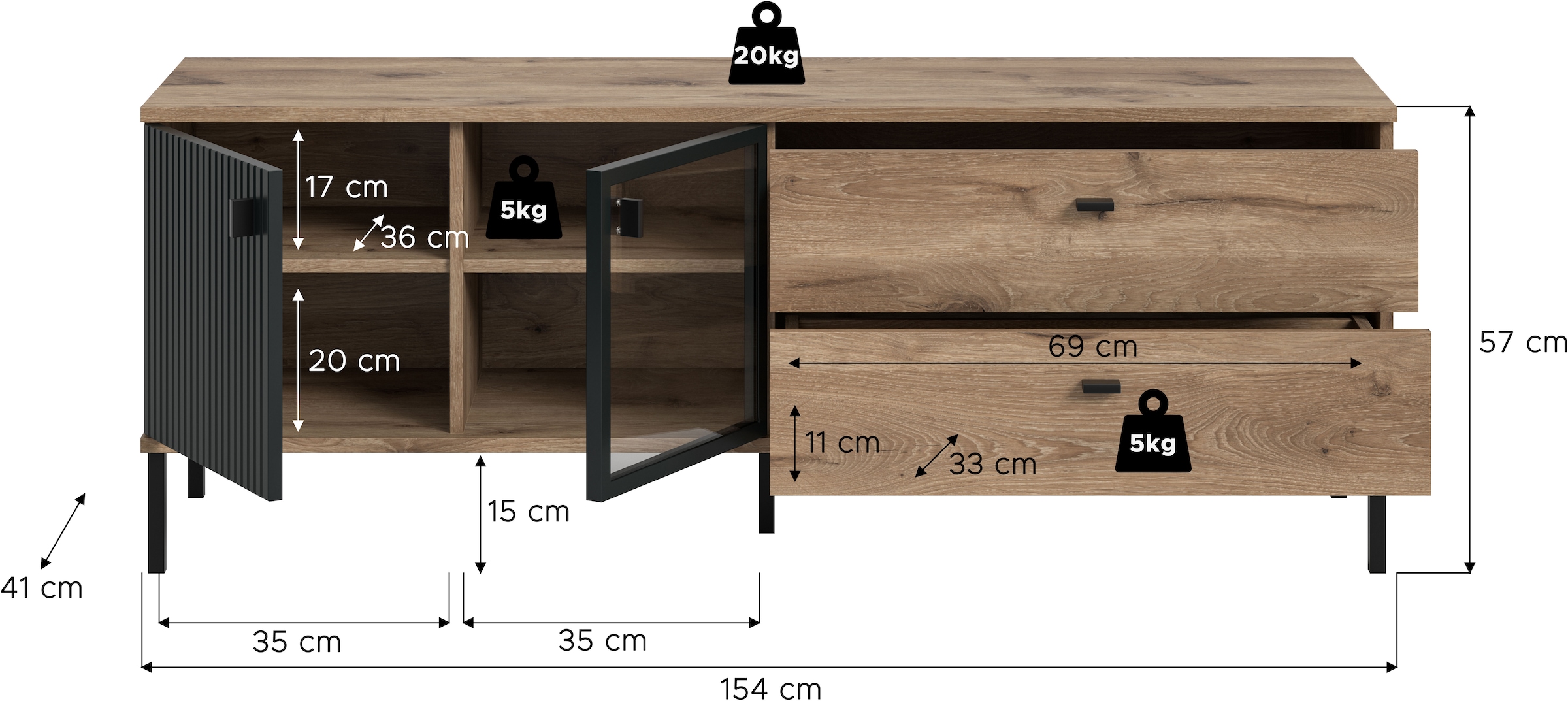 INOSIGN Lowboard »TREVERK, Breite: 154 cm, hochwertige MDF-Front schwarz tiefzieh« 1 Stk. tlg. Lowboard, Wohnzimmer, Esszimmer