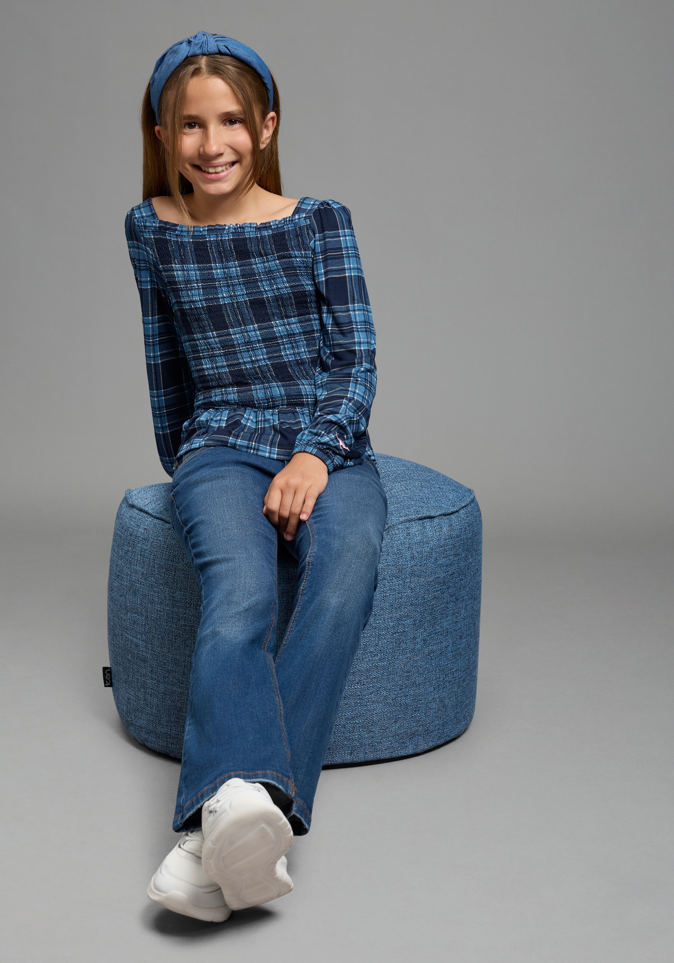 KangaROOS T-shirt à manches longues »Kariertes KangaROOS Viskose-Shirt mit Smoke-Partie« T-shirt en viscose doux avec manches bouffantes, à carreaux, bas smocké