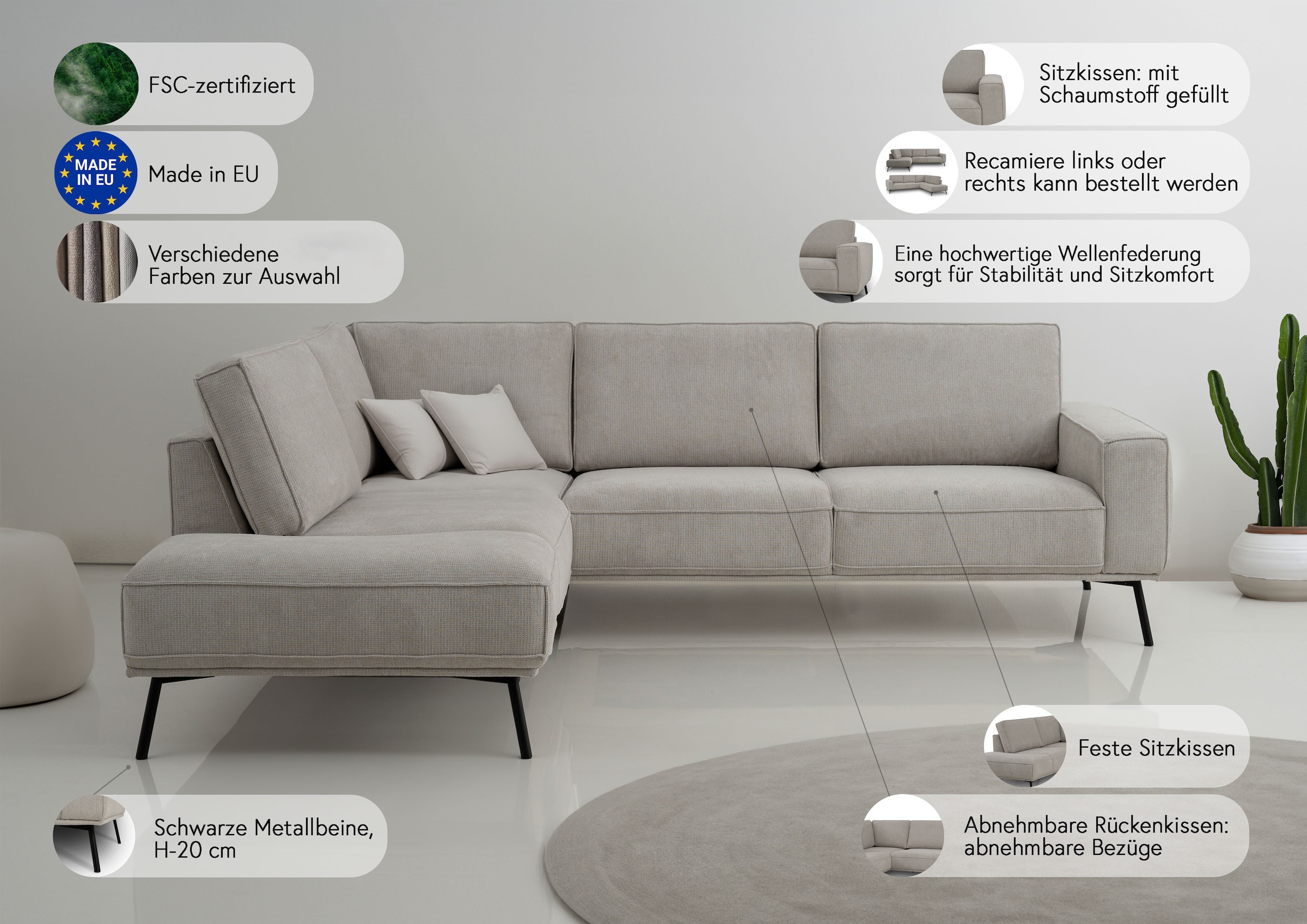 GOODproduct Ecksofa »Vosby« 260 cm, Chenille,  mit dekorativer Kedernaht, Wellenunterfederung