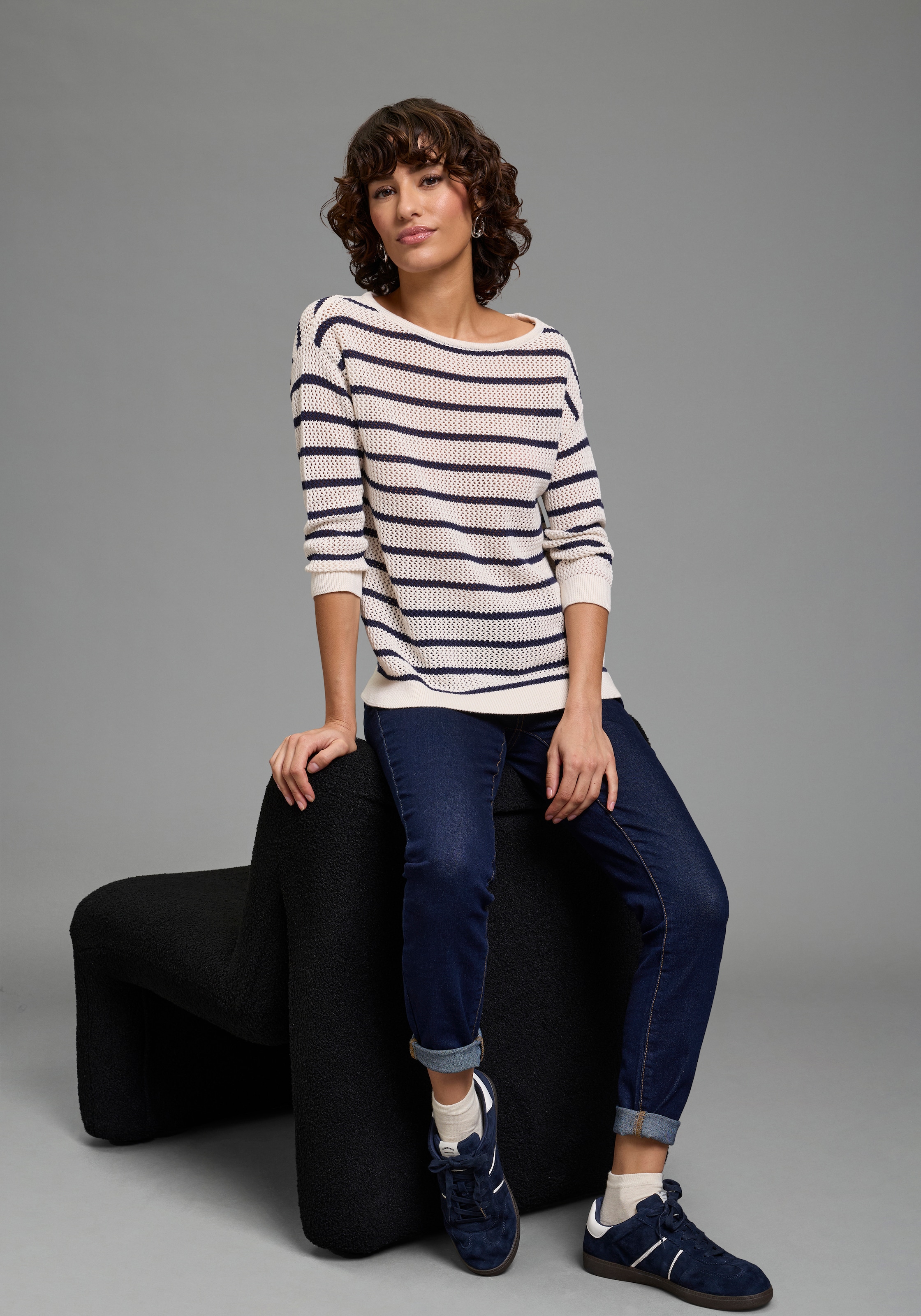 Laura Scott Pull à manches 3/4 leichter Sommerpullover aus modernem Lochstrick