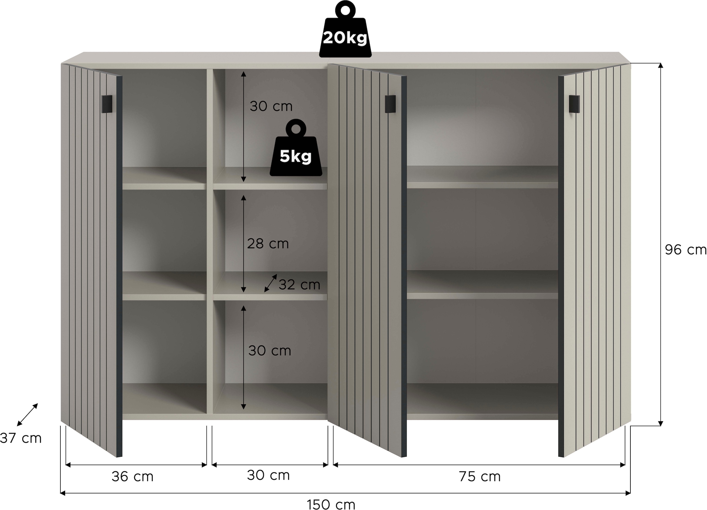 Home affaire Schuhschrank »TATIO, Breite 150 cm, Rillenoptik, offene Fächer, 3 Türen« 1 Stk. tlg. Garderobenschrank, Flurkommode, Kommode, Schuhschrank
