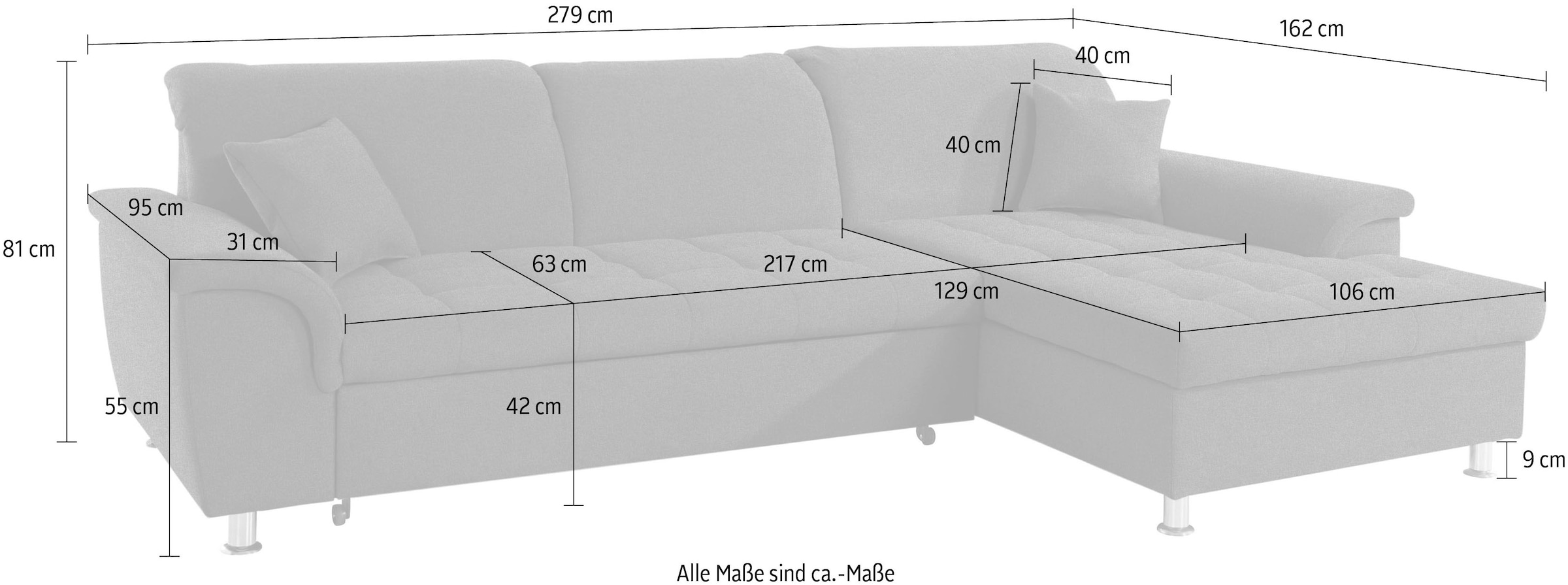DOMO collection Canapé d'angle »Franzi, zeitlos und elegant, moderne Sitzheftung, L-Form« wahlweise mit Kopfteilverstellung (dann Tiefe: 170 cm)