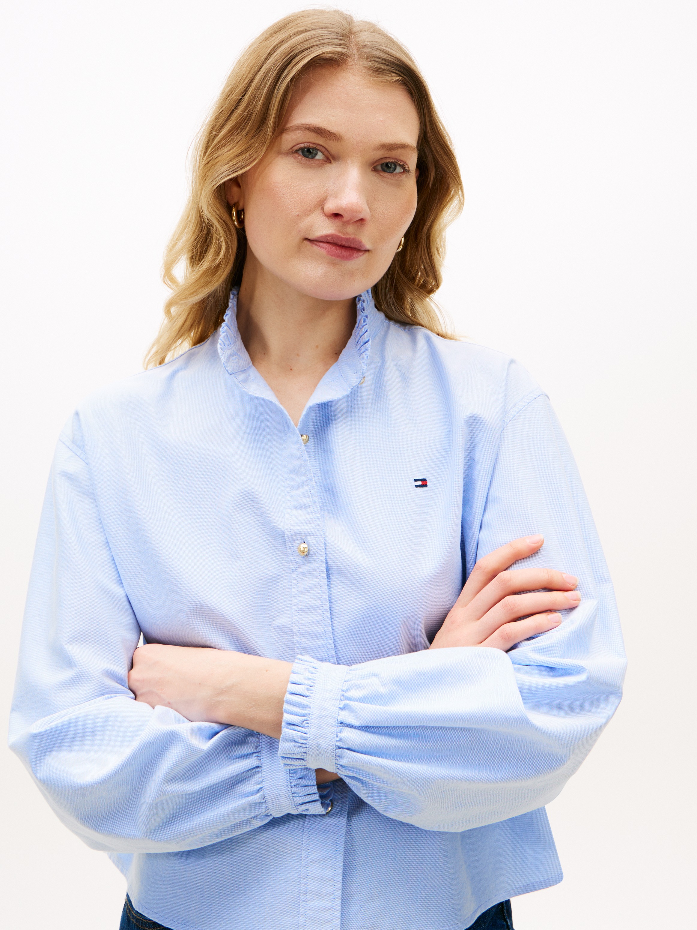 Tommy Hilfiger Langarmbluse »OXFORD CROP RUFFLE LS SHIRT« mit Rüschen-Details, boxy