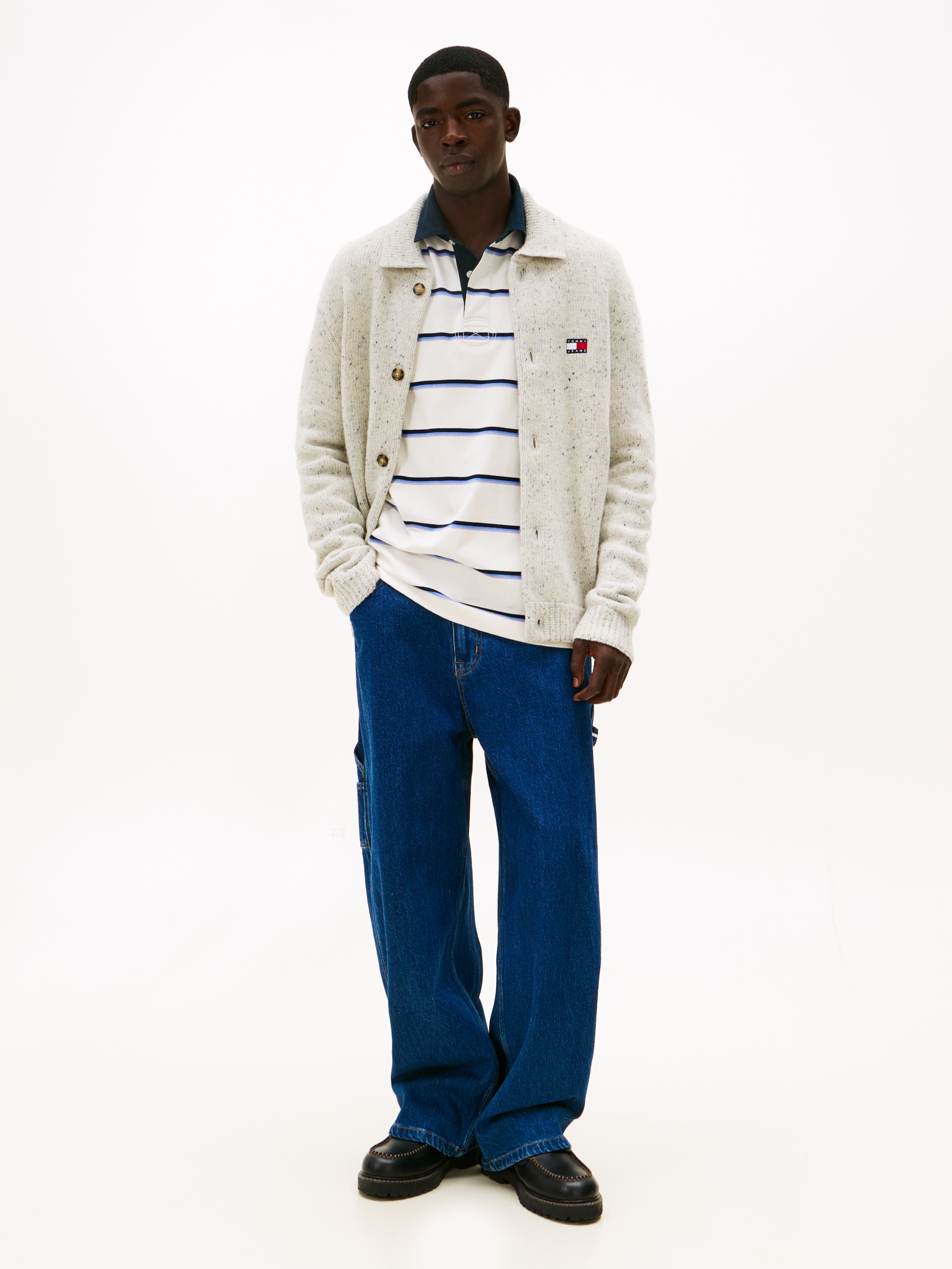 Tommy Jeans Cardigan »TJM BADGE KNITTED« regular fit, mit gerippten Kragen, melierte Struktur