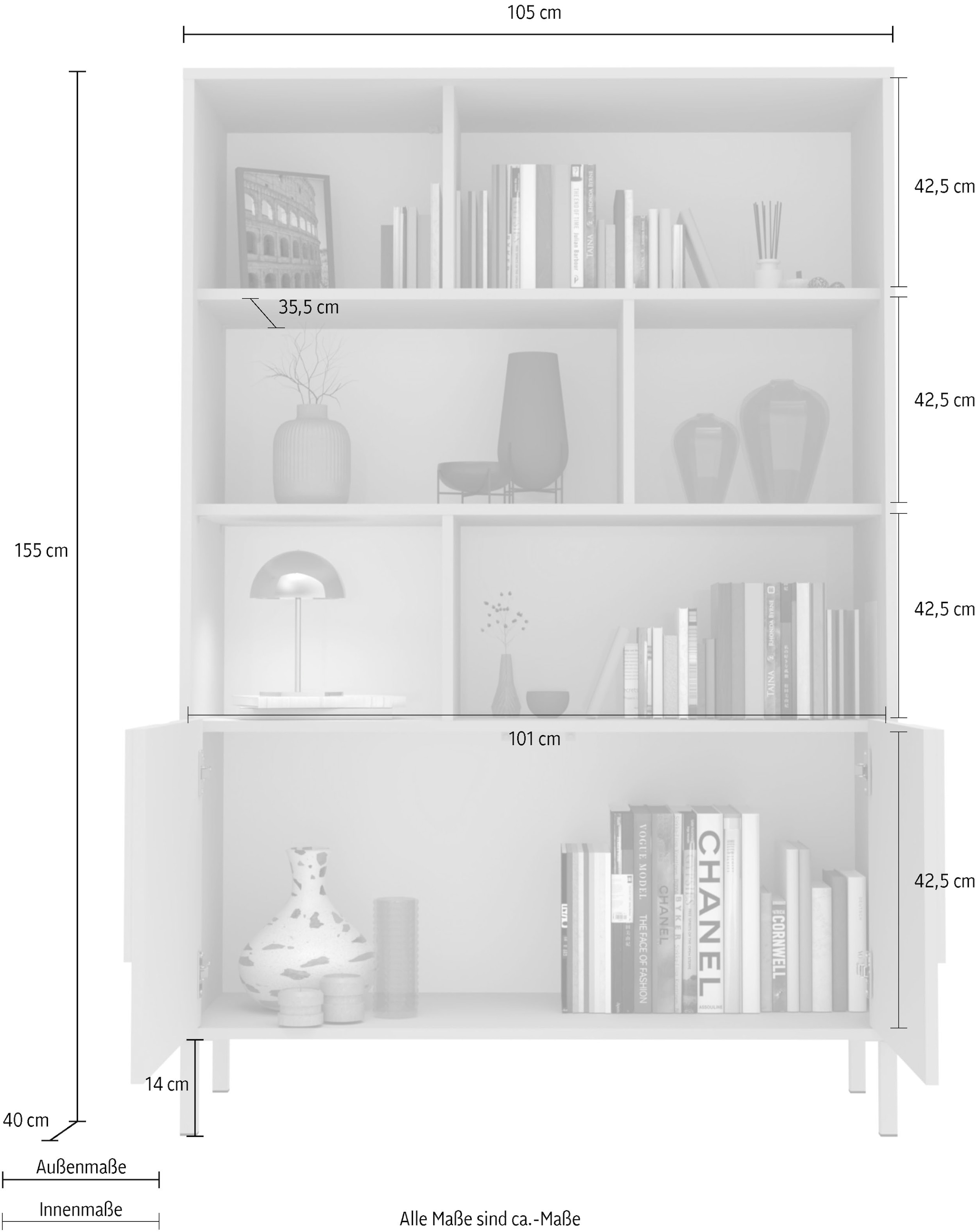 INOSIGN Highboard »Stone, H 155/141, B 105 cm, 2 Türen, 6 offene Fächer, Regal-Schrank« 3D-Design, Push-to-open, Stauraum dekorativ & praktisch, Füsse wählbar