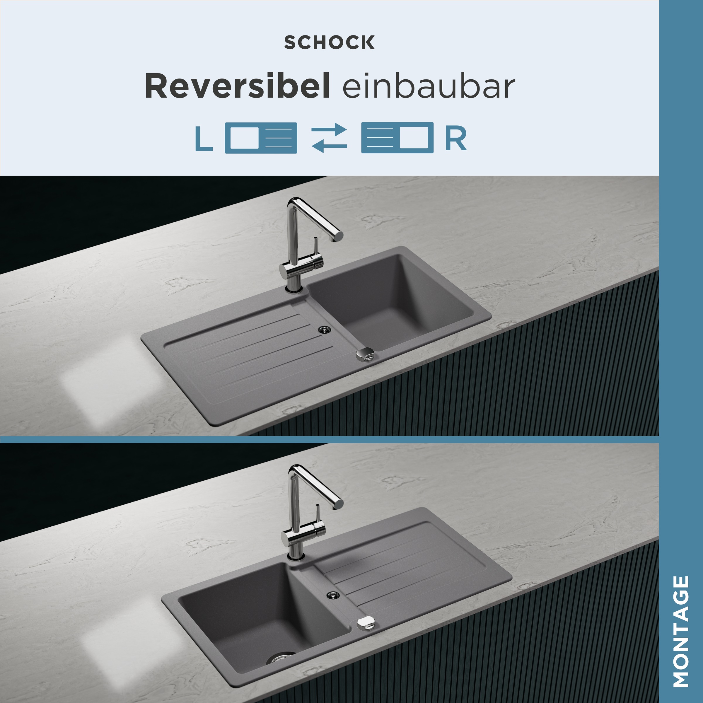 Schock Évier en granit »Typos D-100 S« mit Ablauf und Abtropffläche, links und rechts einbaubar