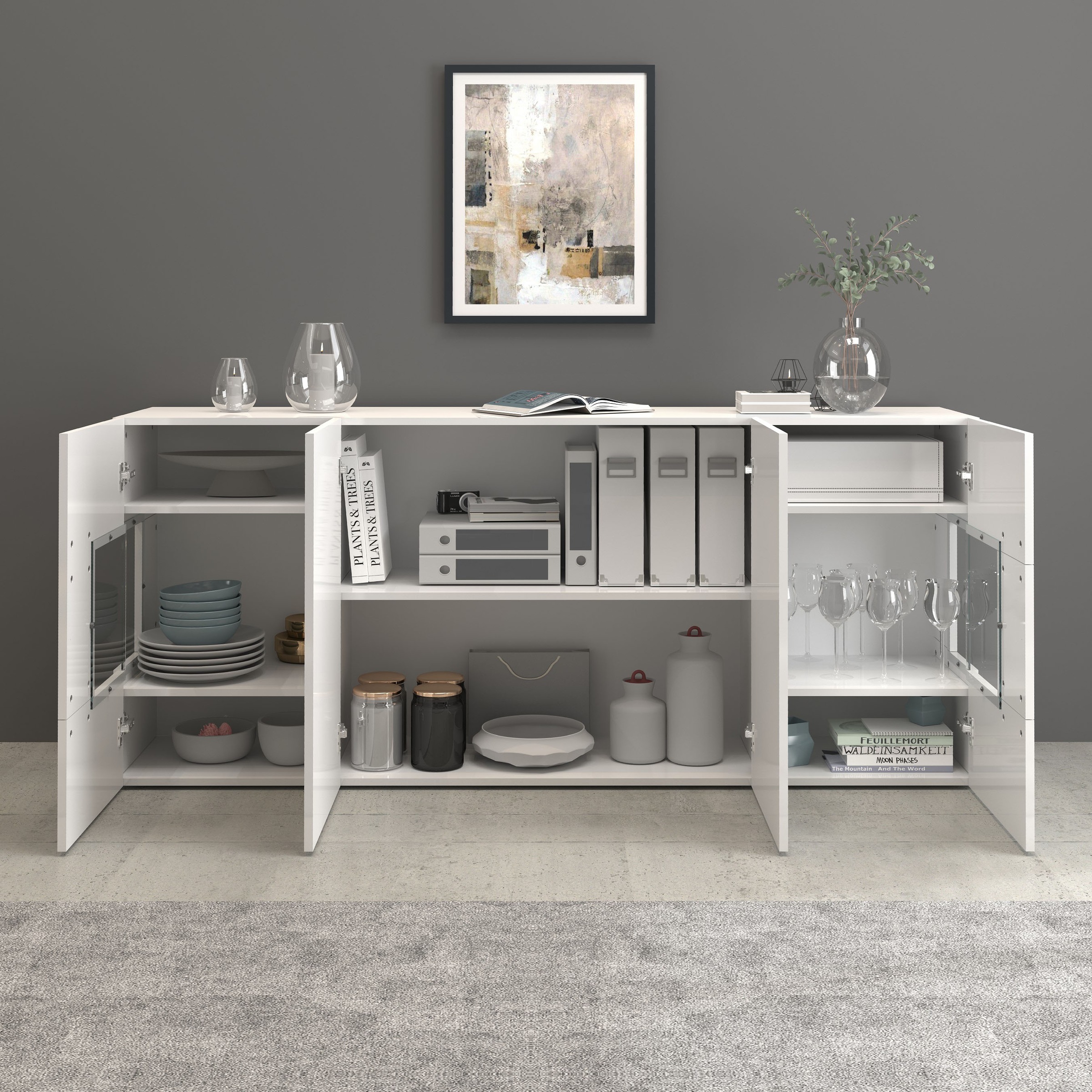 GOODproduct Sideboard »Egypt, Kommode, Schrank, Kredenz, Vitrine grifflos« 4 Türen davon 2 mit Glaseinsatz, kompl. Hochglanz lackiert, Breite 180