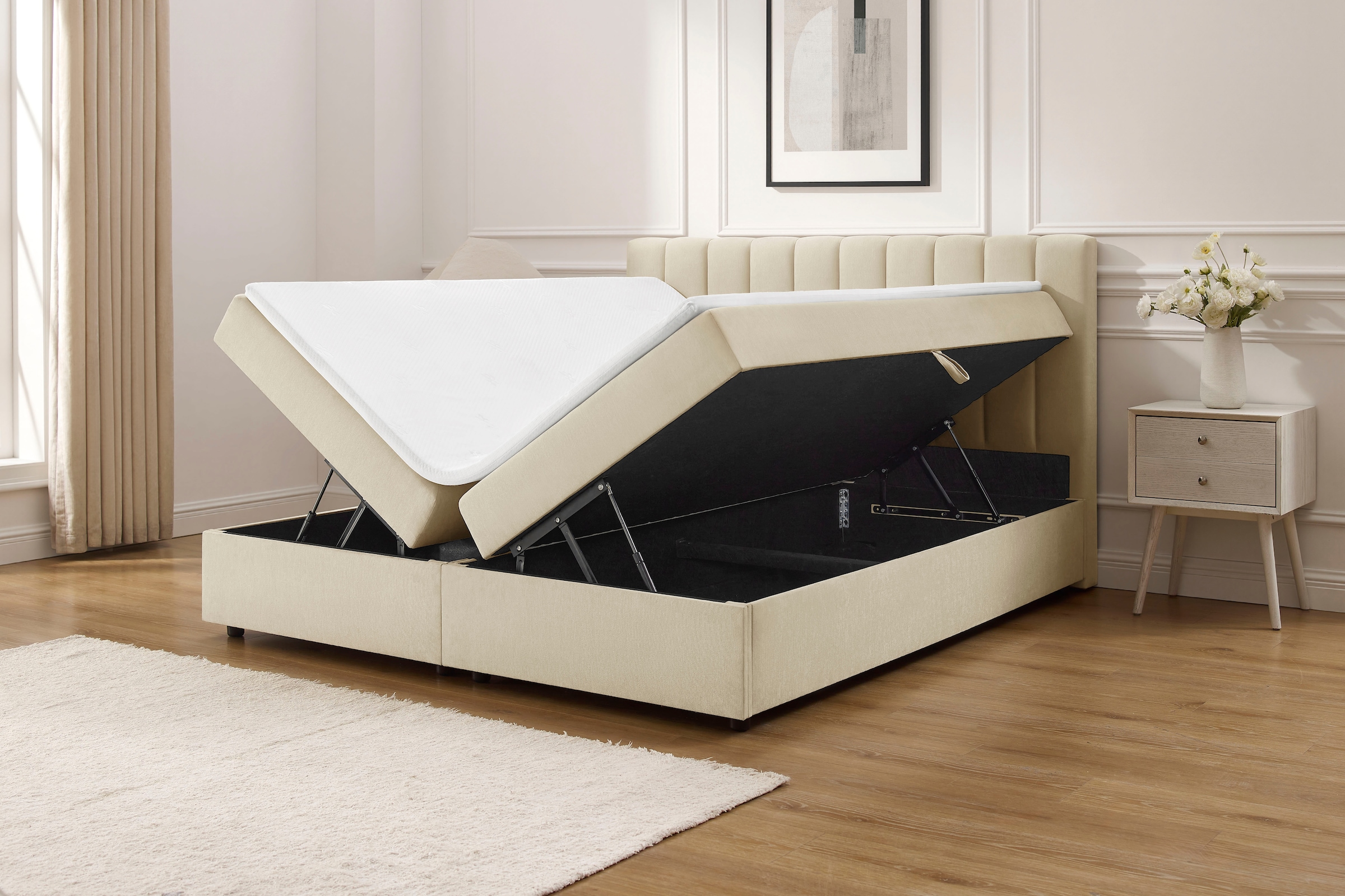 GOODproduct Lit de boxe »HAILEYY, Polsterbett mit Bettkasten, inkl. Taschenfederkernmatratze H3« avec surmatelas en mousse froide, housse en chenille, 140x200 & 180x200 cm