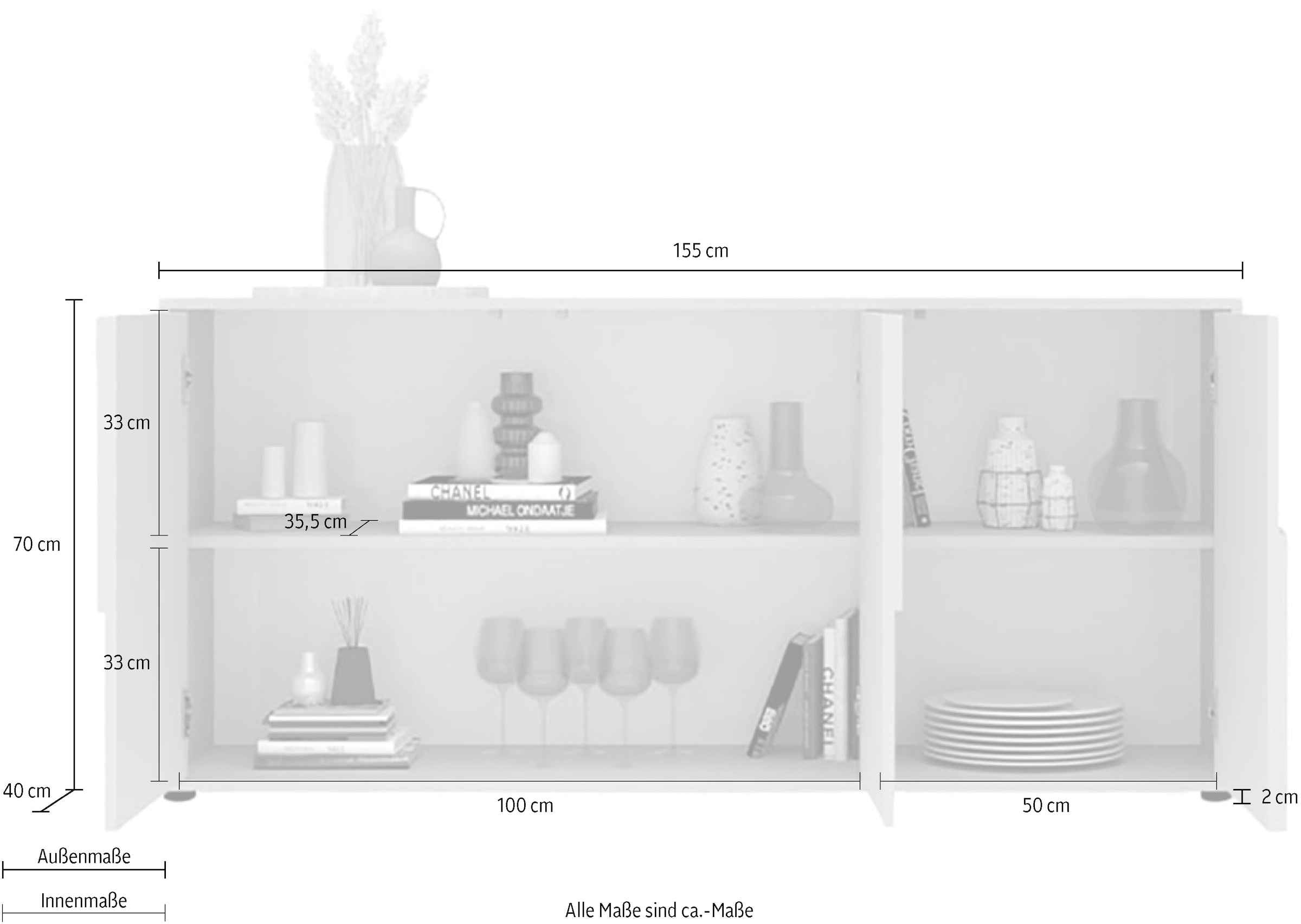 INOSIGN Sideboard »Stone, 155 cm breit, 3 Türen, Anrichte, Kommode, Stauraumschrank« 3D-Design, Push-to-open, Innenraum grosszügig, Füsse 14/2 cm wählbar