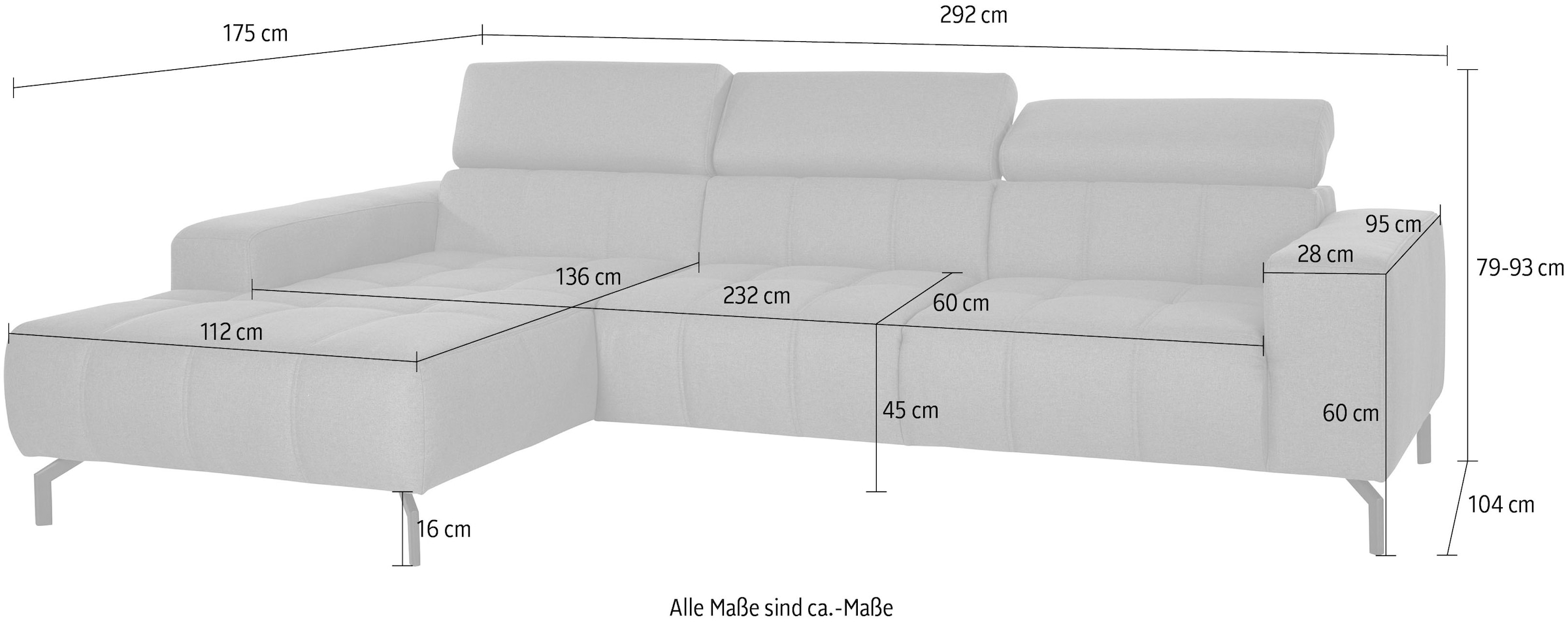 DOMO collection Canapé d'angle »Cunelli tolle Sitznähte als Designelement, fester Sitzkomfort, L-Form« wahlweise mit 6-fach verstellbarer Kopfteilverstellung, bodenfrei