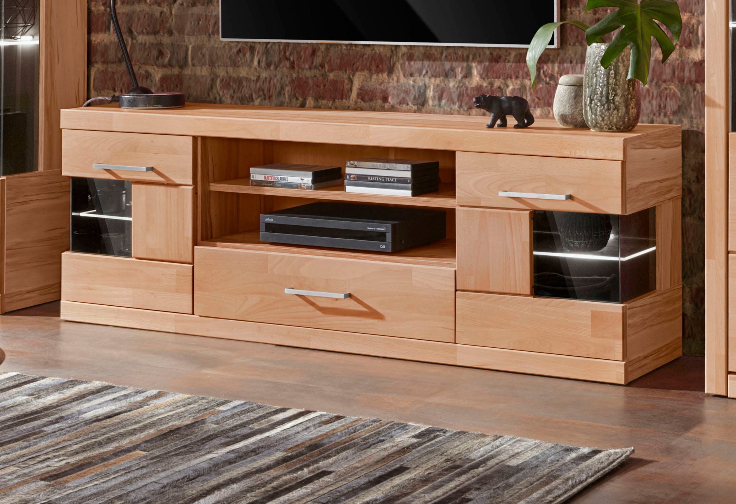 GOODproduct Table basse »Ribe,160cm breit,55cm hoch,Oberplatte massiv« Korpus Holzwerkstoff,Glaseinsatz aus gehärtetem Glas,Böden versetzbar