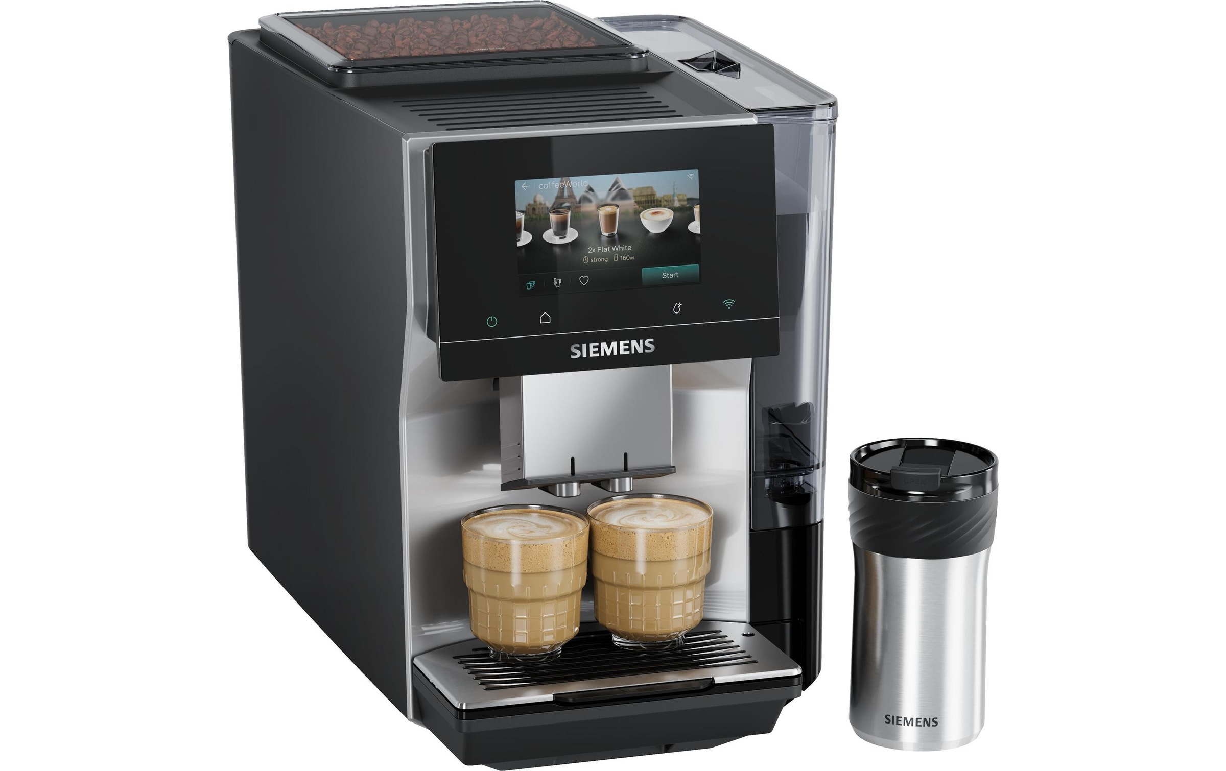 SIEMENS Kaffeevollautomat »EQ700 TP725ET7, inkl. Thermo-Kaffeebecher, XL-Getränke, 20 Favoriten« farbiges Full-Touch-Display, Doppeltassenfunktion, sehr leise, silber