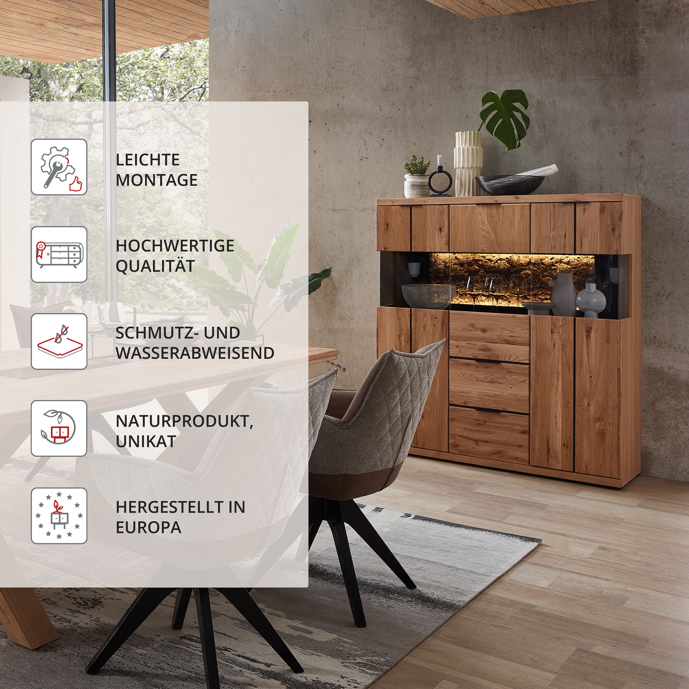Wohnconcept Buffet haut »Donna Highboard, 122x144x42 (BxHxT)« 1 cuis tlg. Beleuchtung optional bestellbar, 3 türig, 2 Schubkasten, Softclose