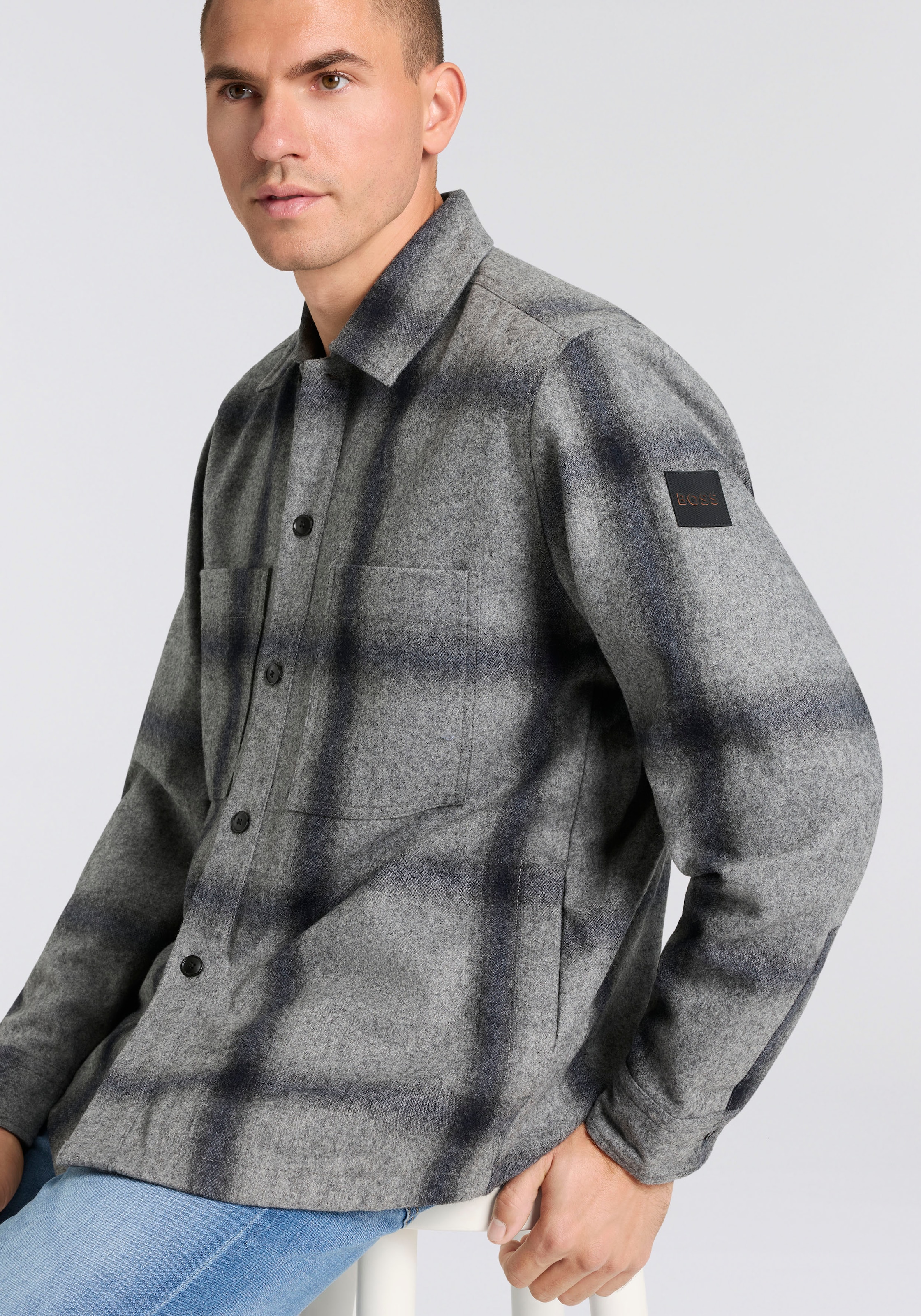 BOSS ORANGE Langarmhemd »Locky« melierte Wollmischung, Karo-Design, oversize fit