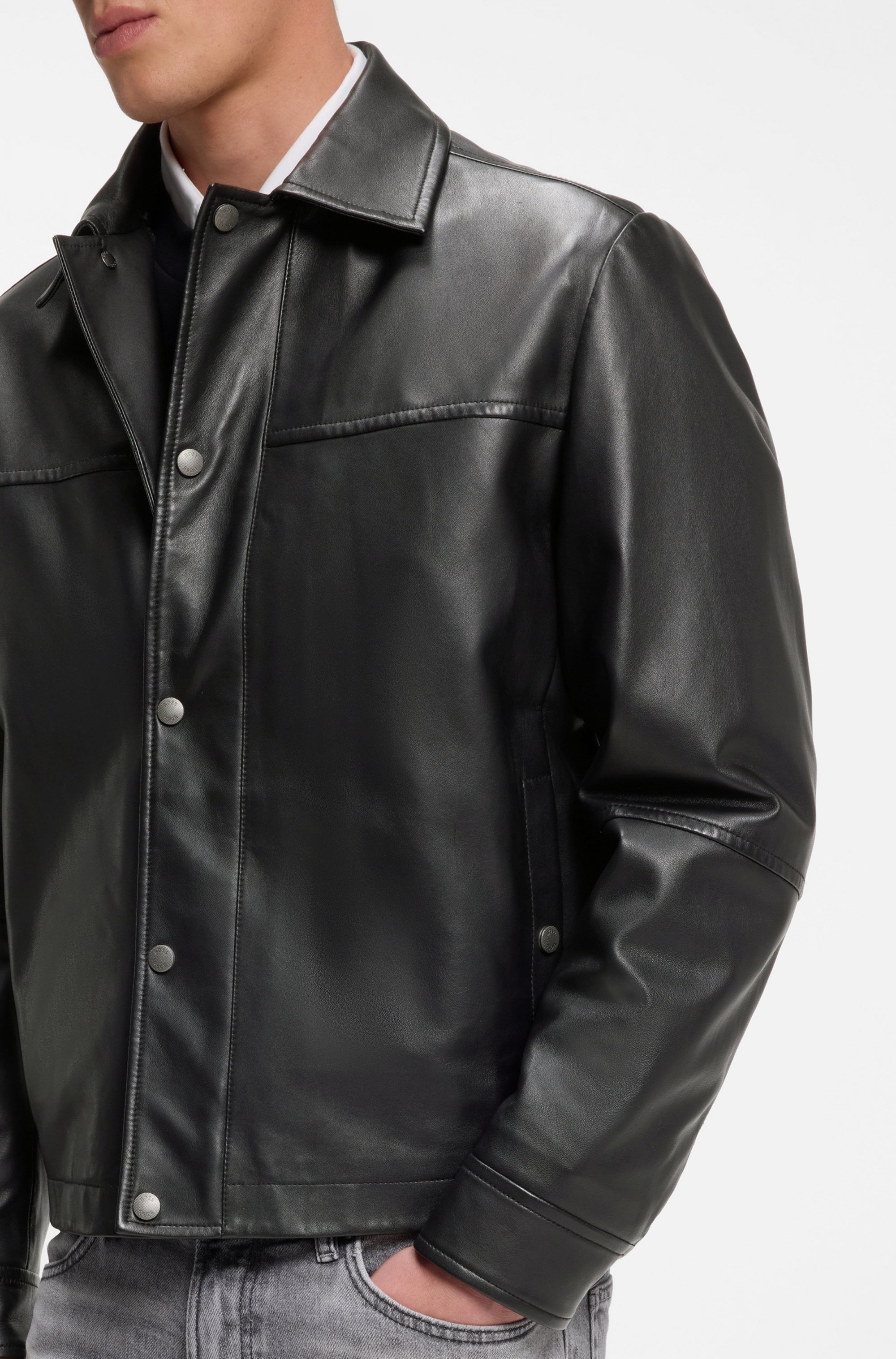 BOSS ORANGE Veste en cuir »Joban« cuir nappa lisse, coupe régulière, inscription en métal