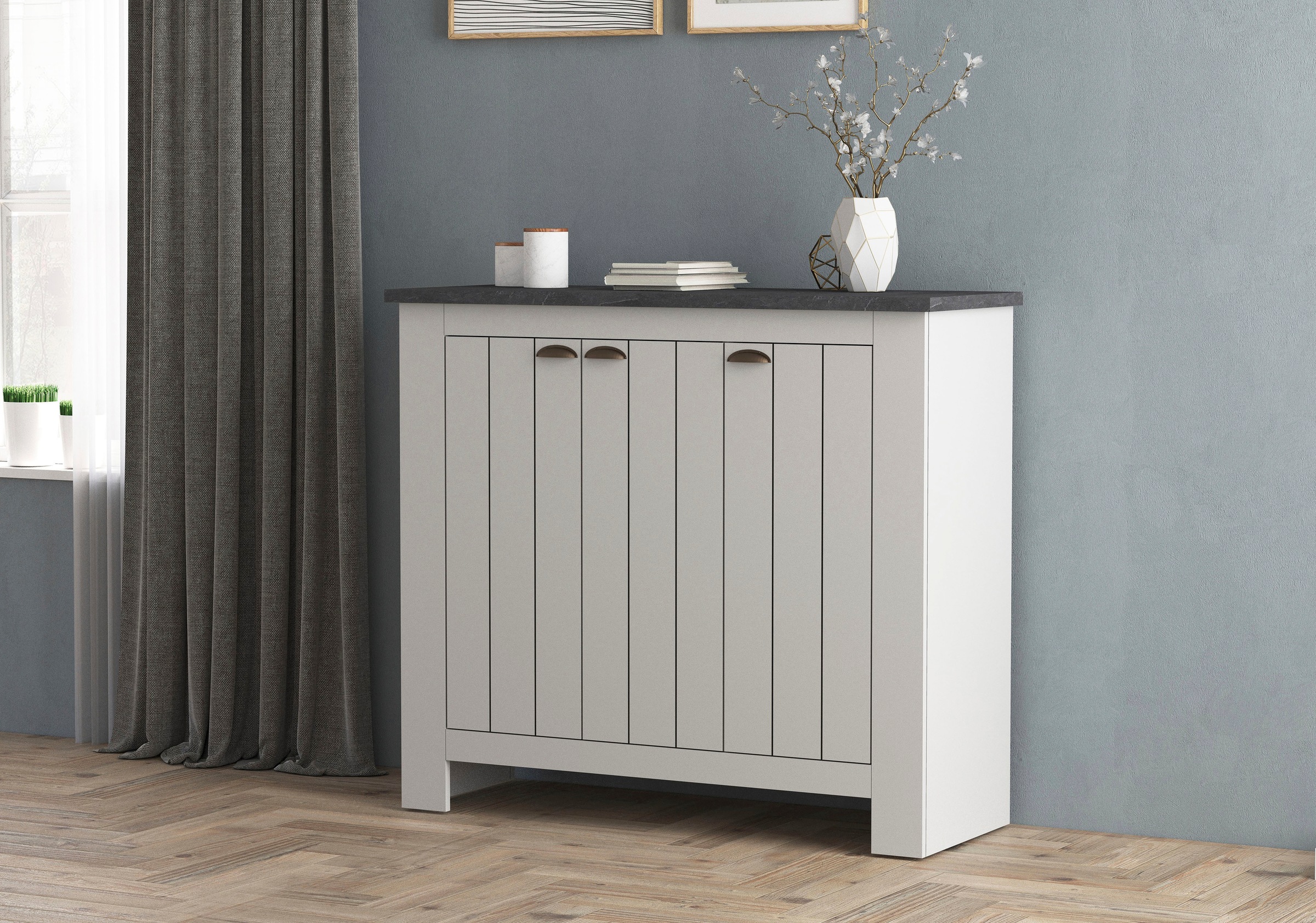 Home affaire Schuhschrank »FIGO, Made in Italy – Schuhkommode,Schuhregal für ca. 30 Paar Schuhe« 1 Stk. tlg. 3-Türig, Siebdruck-dekorative Fräsungen, 10 Fächer, Höhe: 100 cm