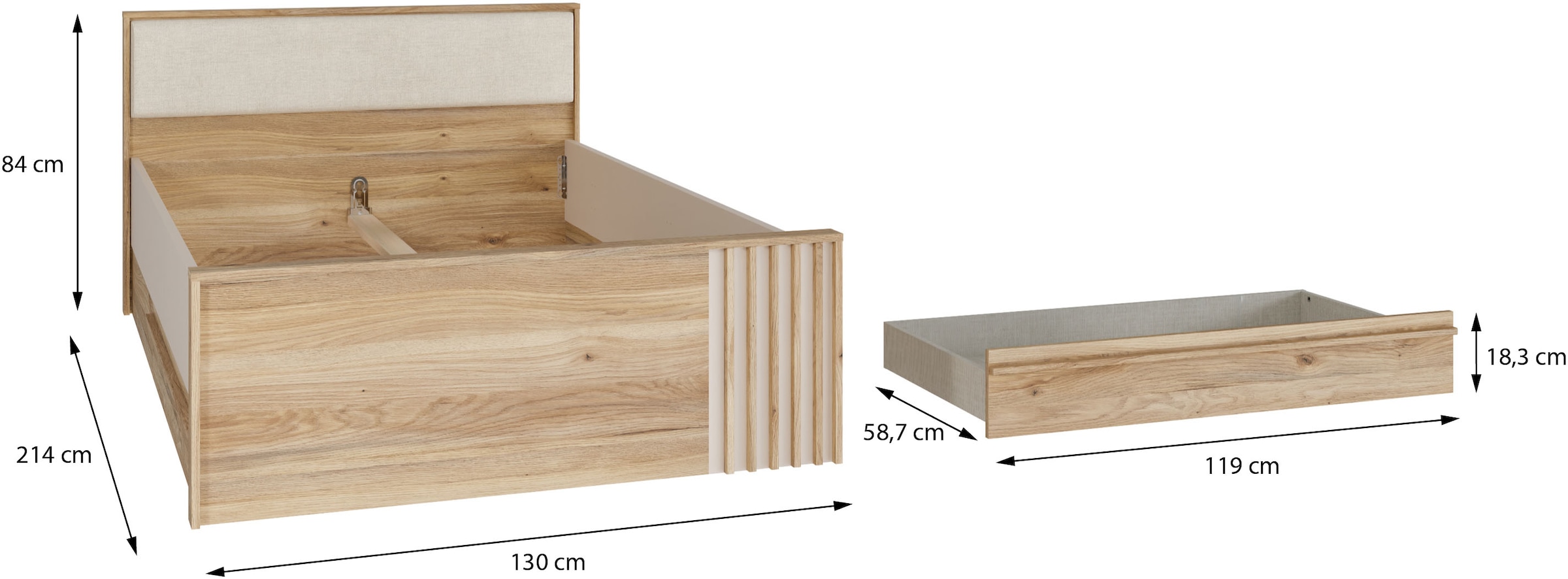 FORTE Lit »Bett mit Stauraum 2 SK, Kopfteil gepolstert« L/H/P 130/84/213 cm, disponible en 2 couleurs