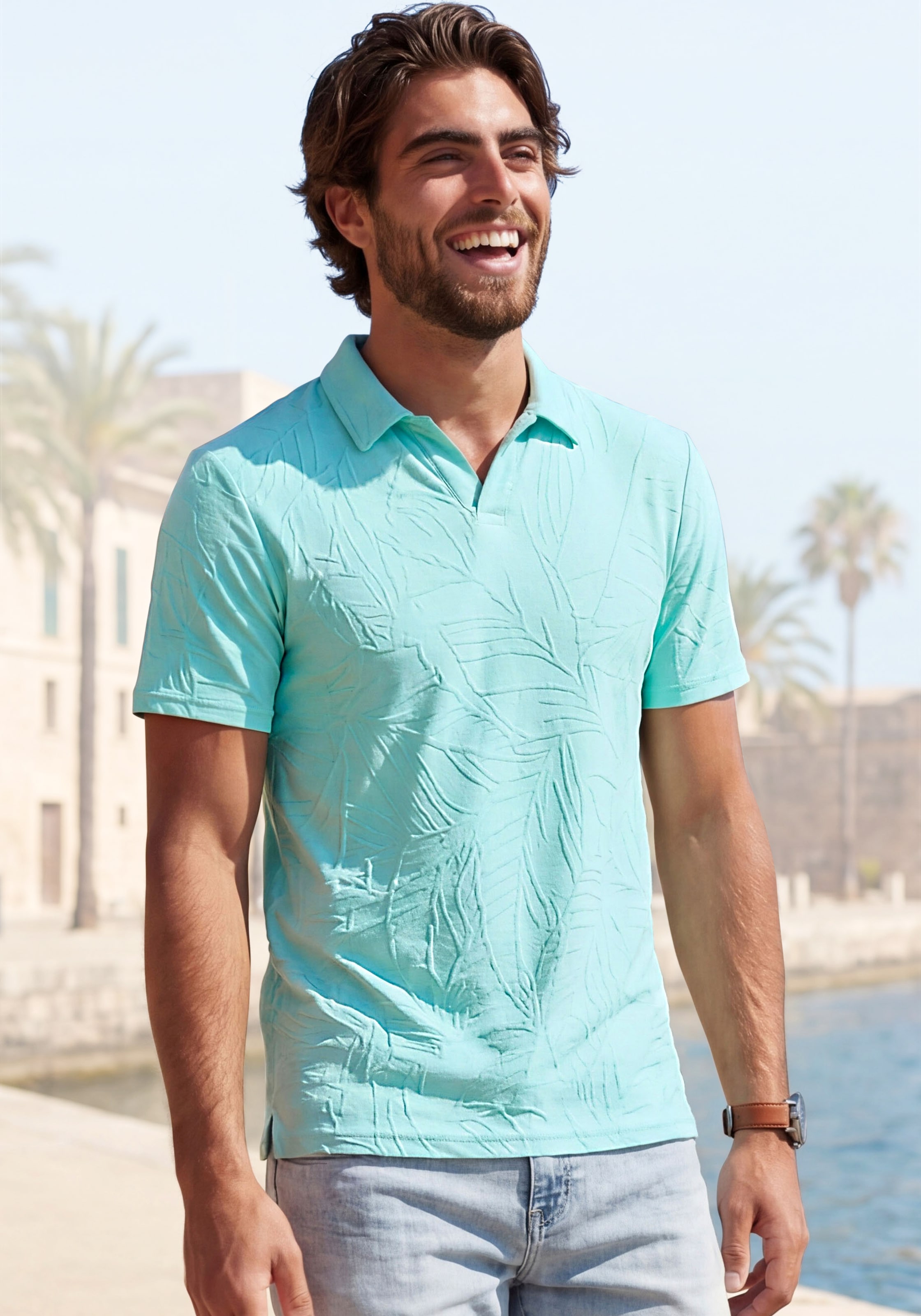 Beachtime Poloshirt », T-Shirt mit Kragen« neue Strukturqualität im Blätter-Design