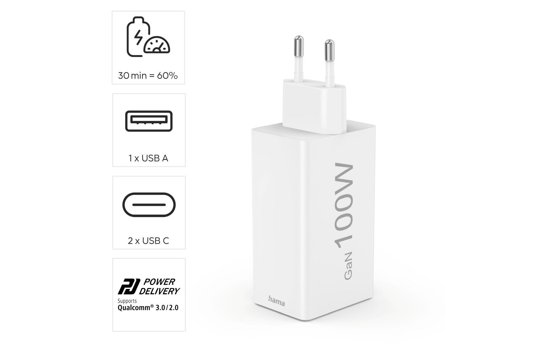 Hama Chargeur USB »Gan charger 1x USB-A 2x USB-C 100 W«