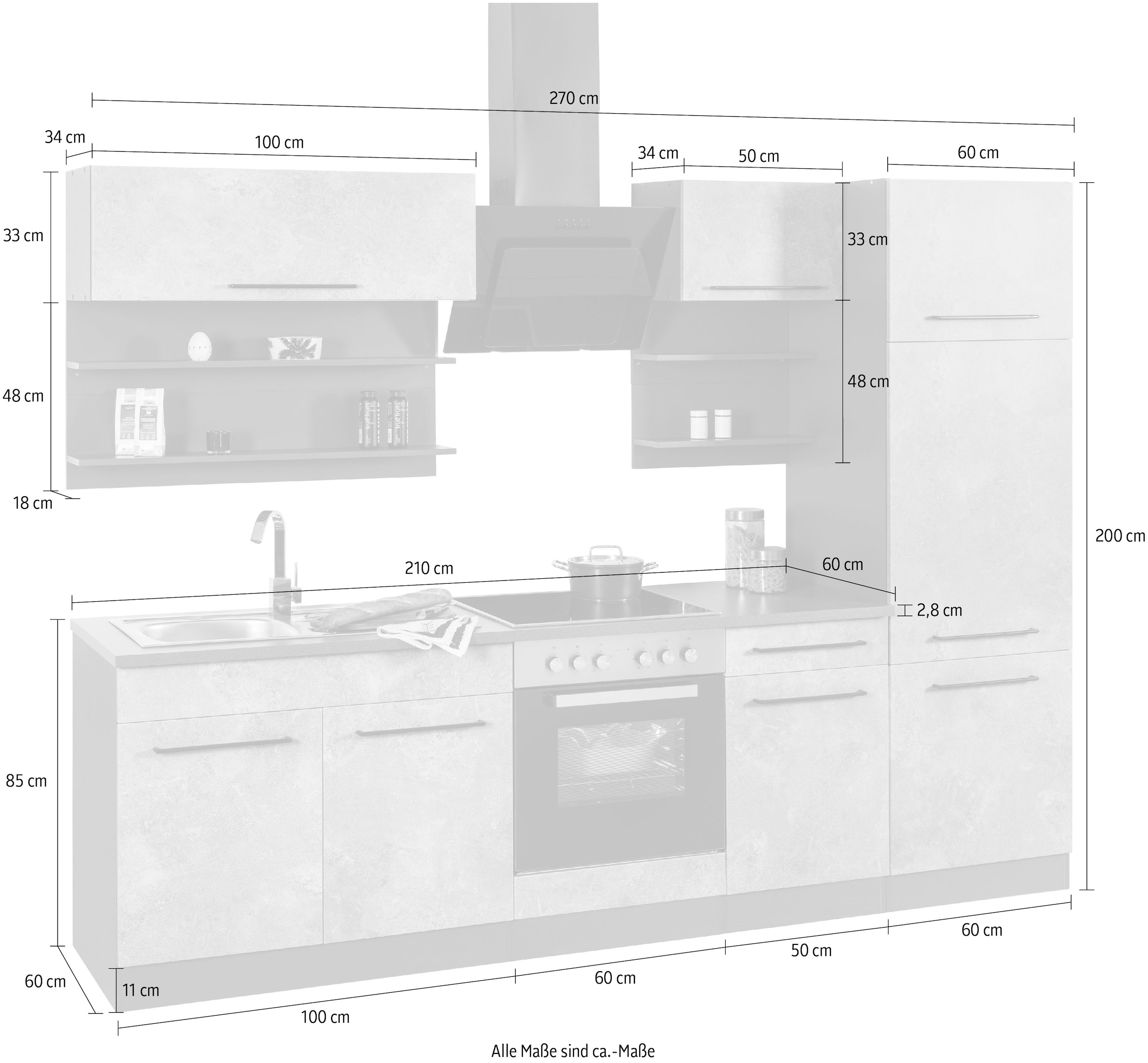 KOCHSTATION Küchenzeile »KS-Tulsa« ohne E-Geräte, Breite 270 cm, schwarze Metallgriffe, MDF Fronten