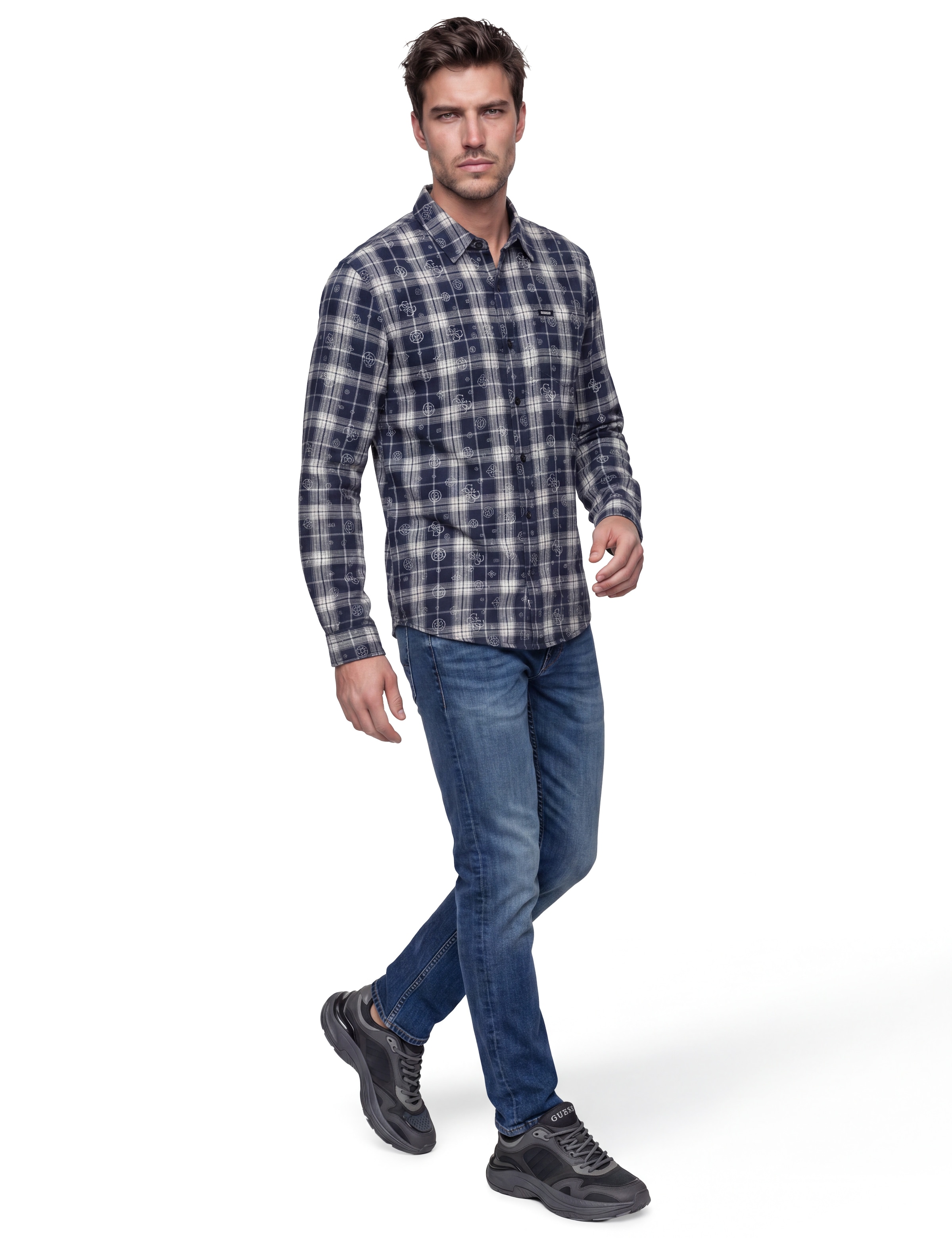 Guess Chemise à manches longues »OCEAN COAST PLAID« Kentkragen, reine Baumwolle, gewebtes Karo Design