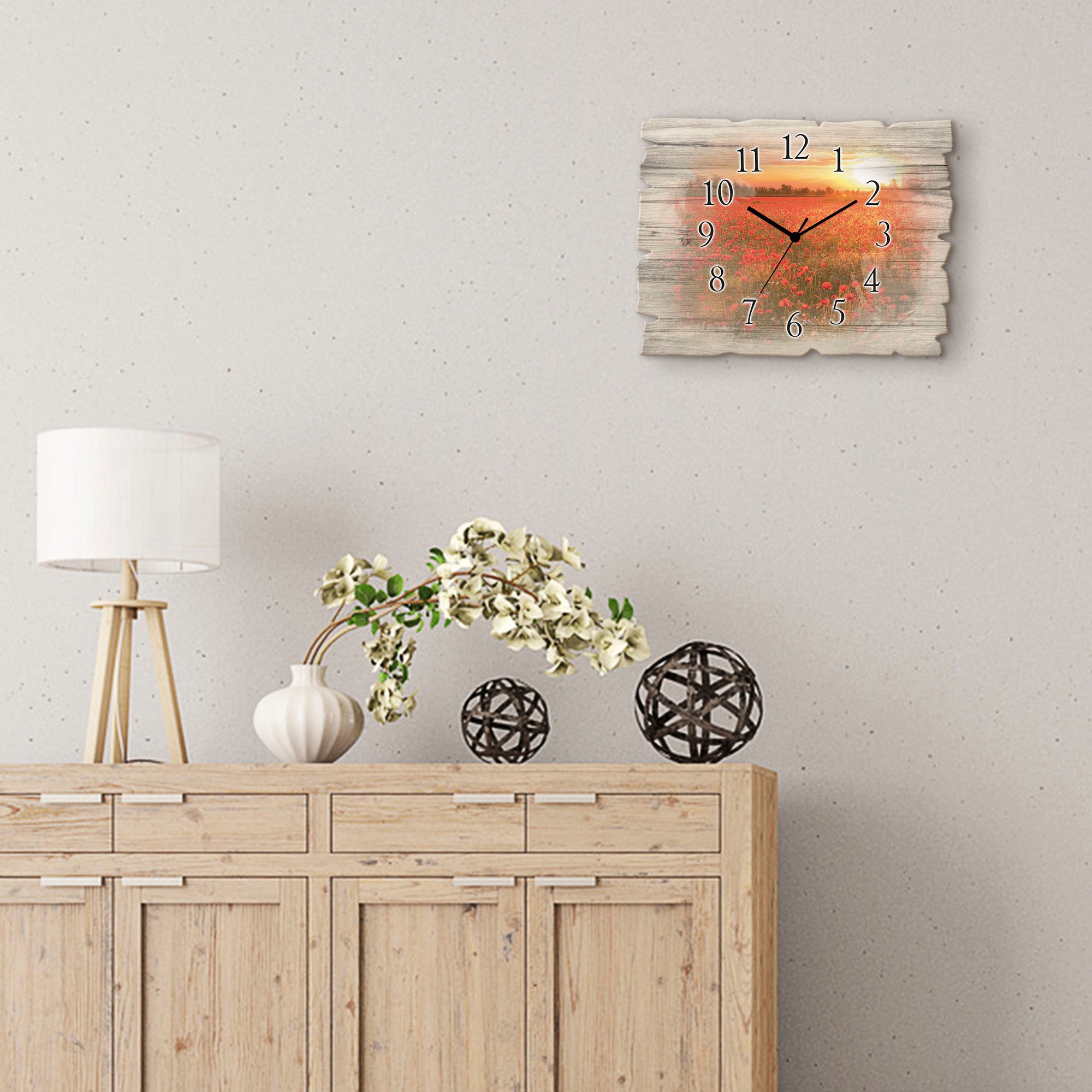 Artland Wanduhr »Mohnblumenfeld bei Sonnenuntergang« wahlweise mit Quarz- oder Funkuhrwerk, lautlos ohne Tickgeräusche