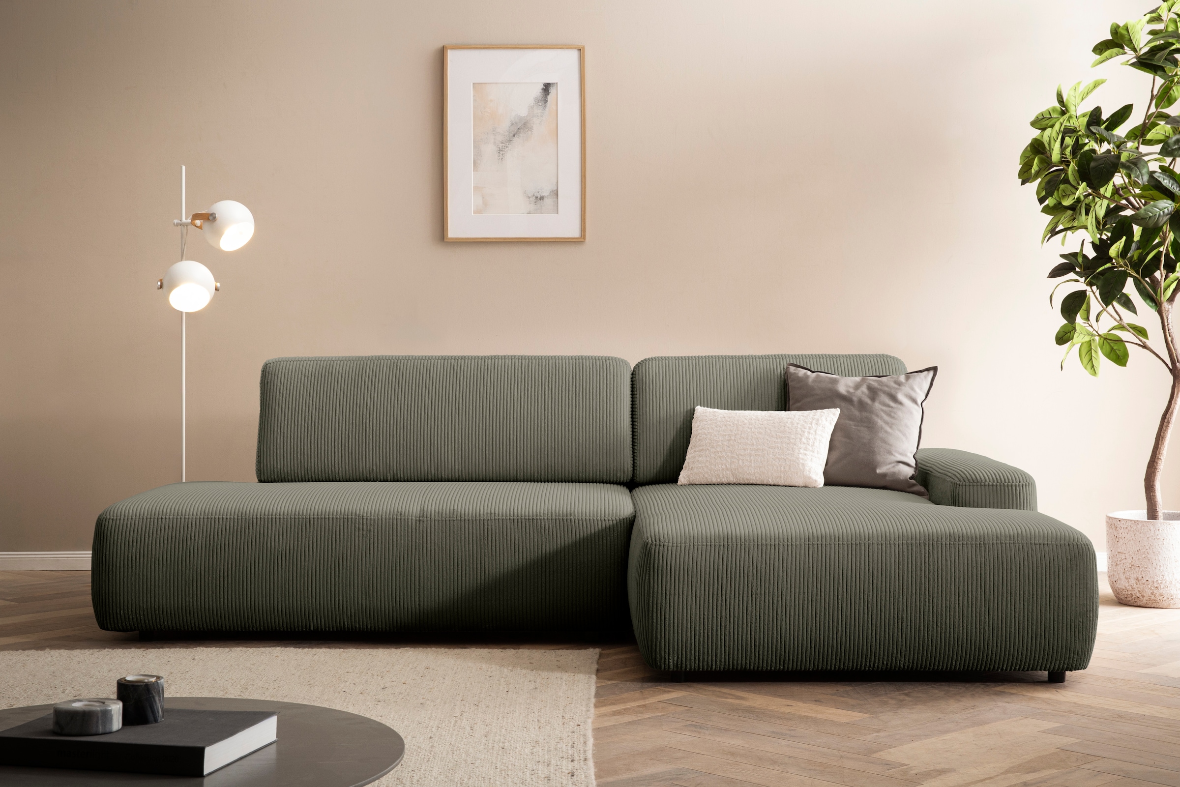 Home affaire Canapé d'angle »TORGE, Schlafsofa Cord, Samtvelours u. Strukur fein, Couch in L-Form« fonction couchage et coffre, surface de couchage : 210x125 cm, nouveau design