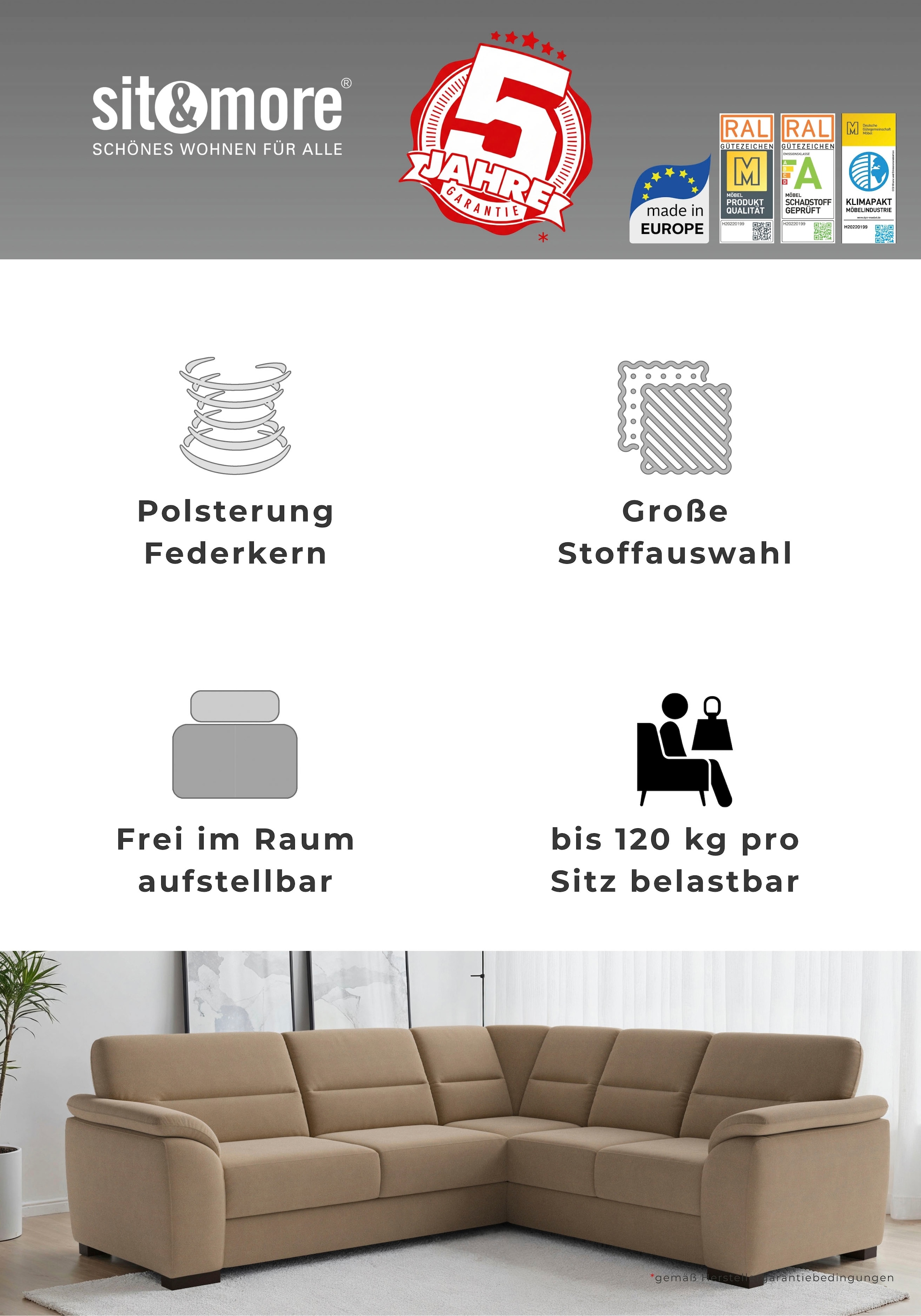 sit&more Ecksofa »Montego L-Form, B: 256 cm, grosse Stoffauswahl, Komfortsitzhöhe 46 cm« optional Schlaffunktion und Schubkasten mit Stauraum